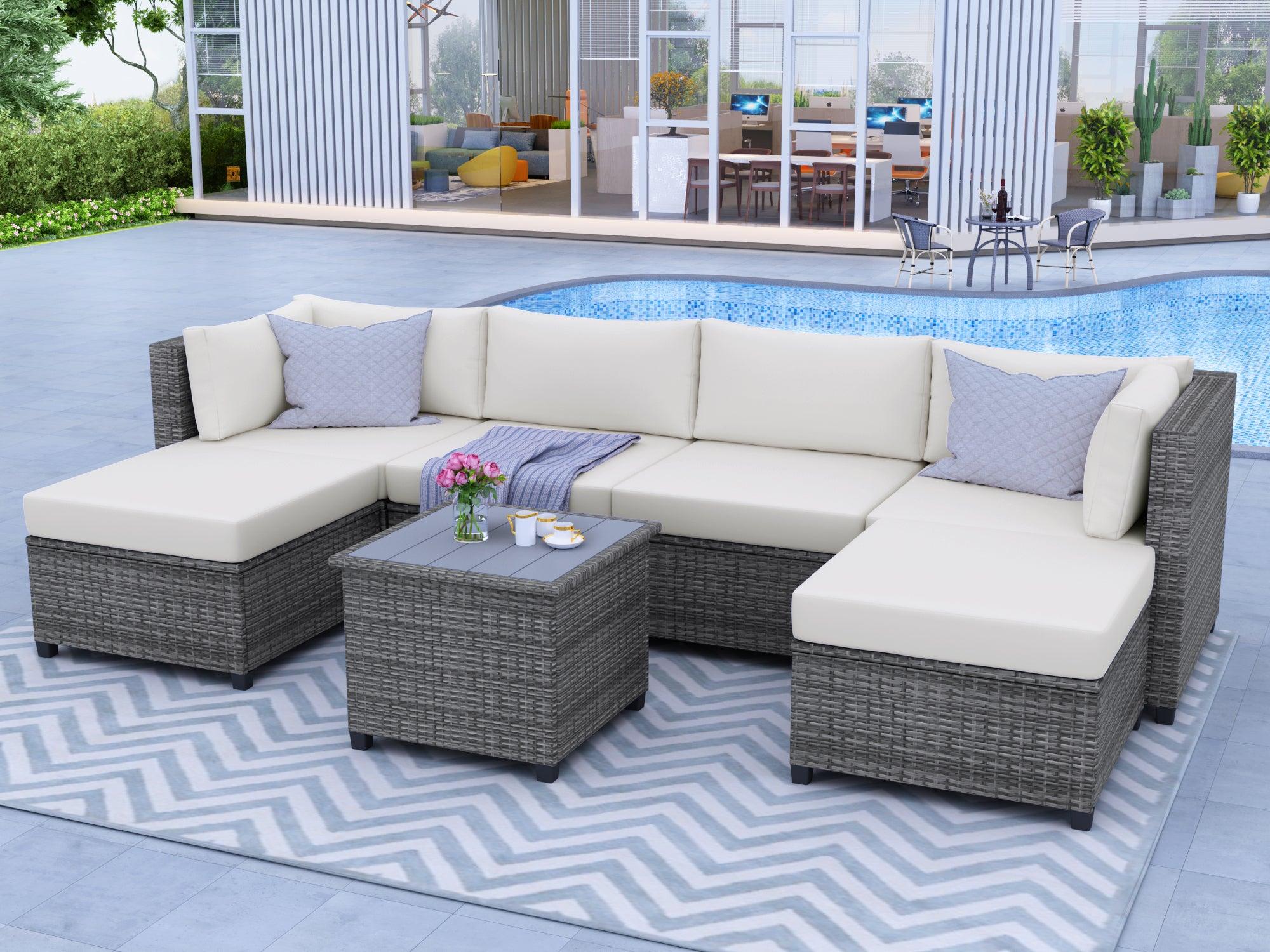 7 PCS Outdoor Rattan Sectional Seating Group with Tea Table and Beige Color Cushions