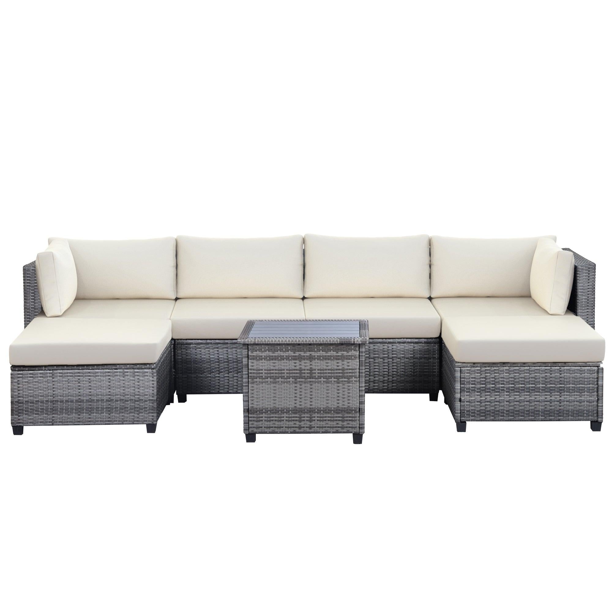 7 PCS Outdoor Rattan Sectional Seating Group with Beige Cushions