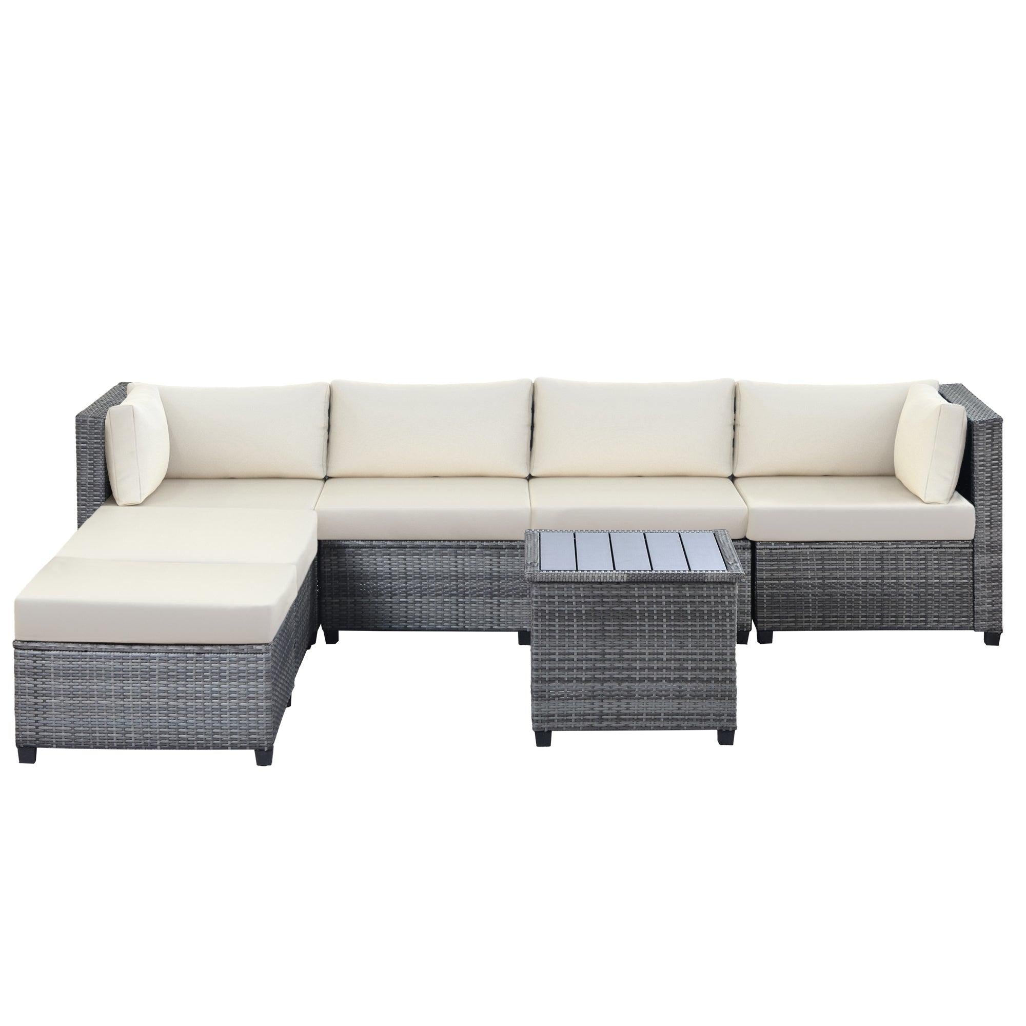 7 PCS Outdoor Rattan Sectional Seating Group with Tea Table and Beige Color Cushions