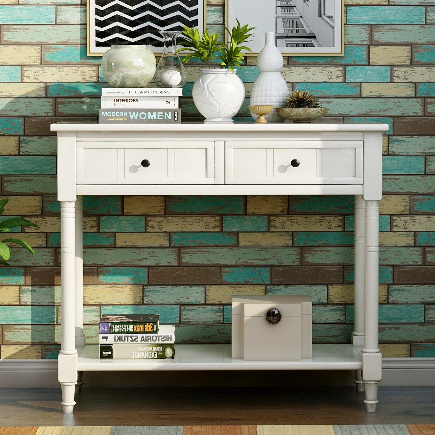 Daisy Series Console Table Traditional Design with Two Drawers and Bottom Shelf (Ivory White)