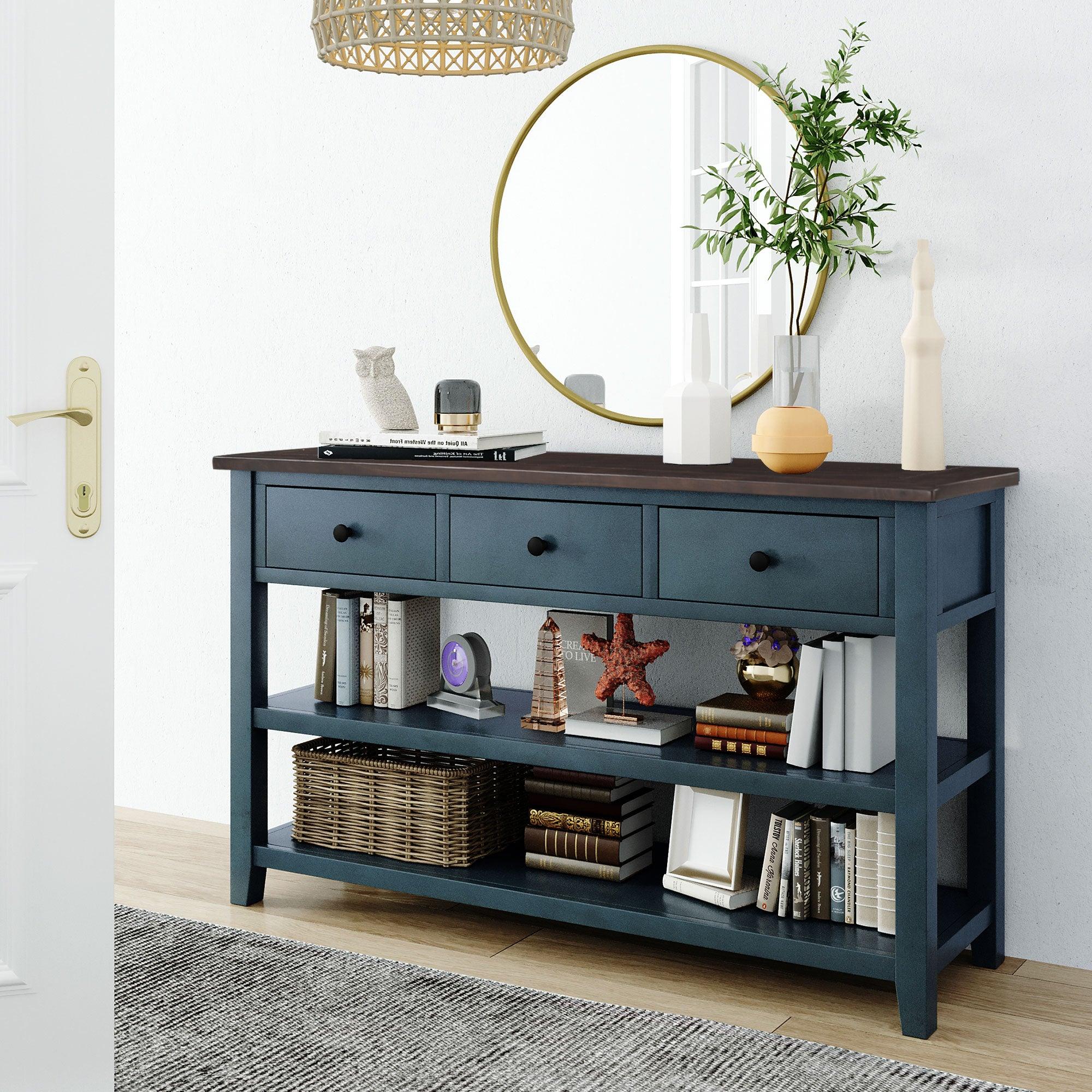 Retro Design Console Table with Two Open Shelves, Pine Solid Wood Frame and Legs for Living Room (Navy) image