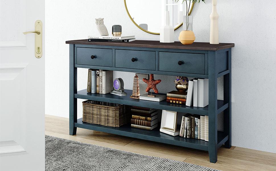 Retro Design Console Table with Two Open Shelves, Pine Solid Wood Frame and Legs for Living Room (Navy)