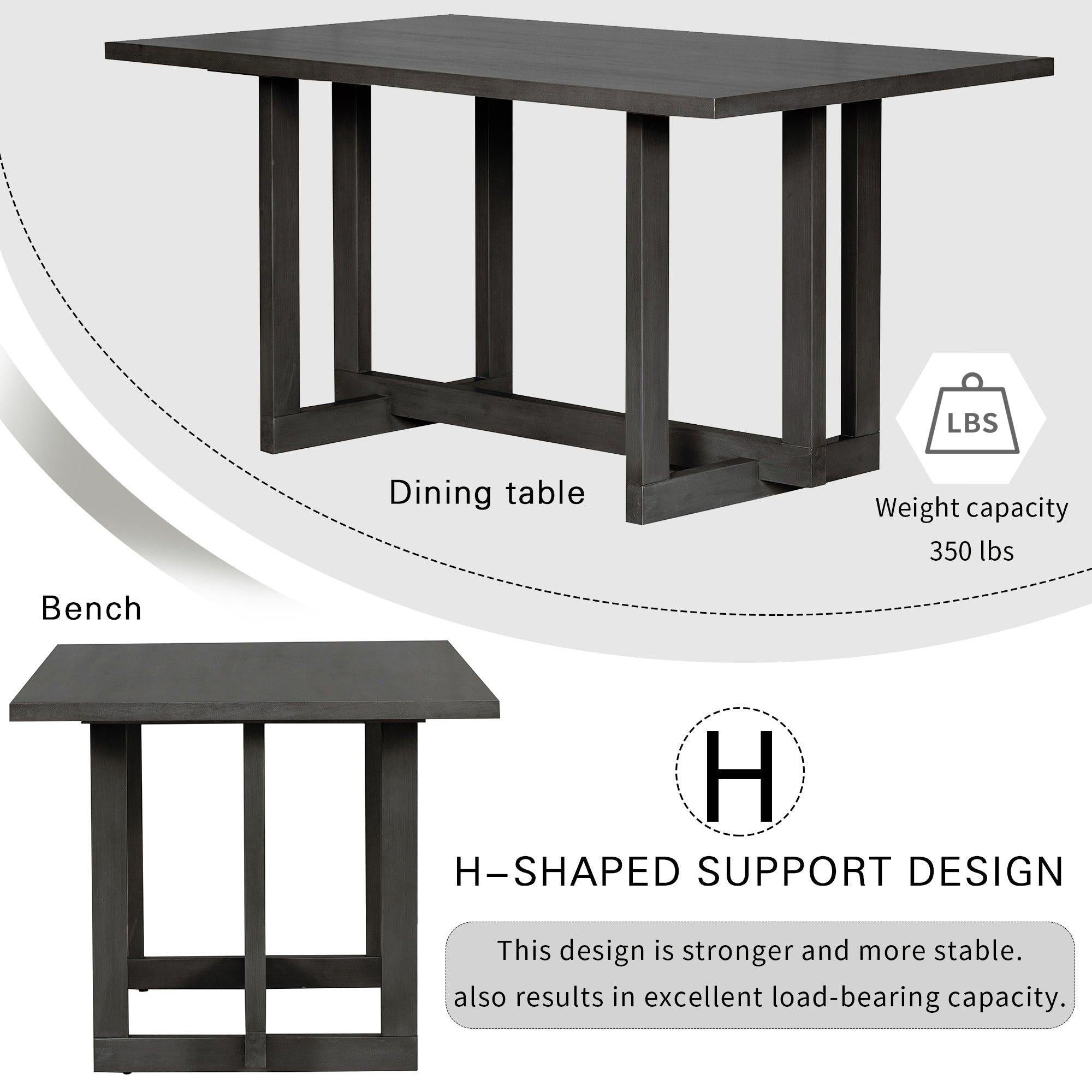 Wooden 6-Piece Dining Table Set H-shaped Support Design Dining Table, Four Chairs with Soft Cushions and One Wooden Bench (Gray)