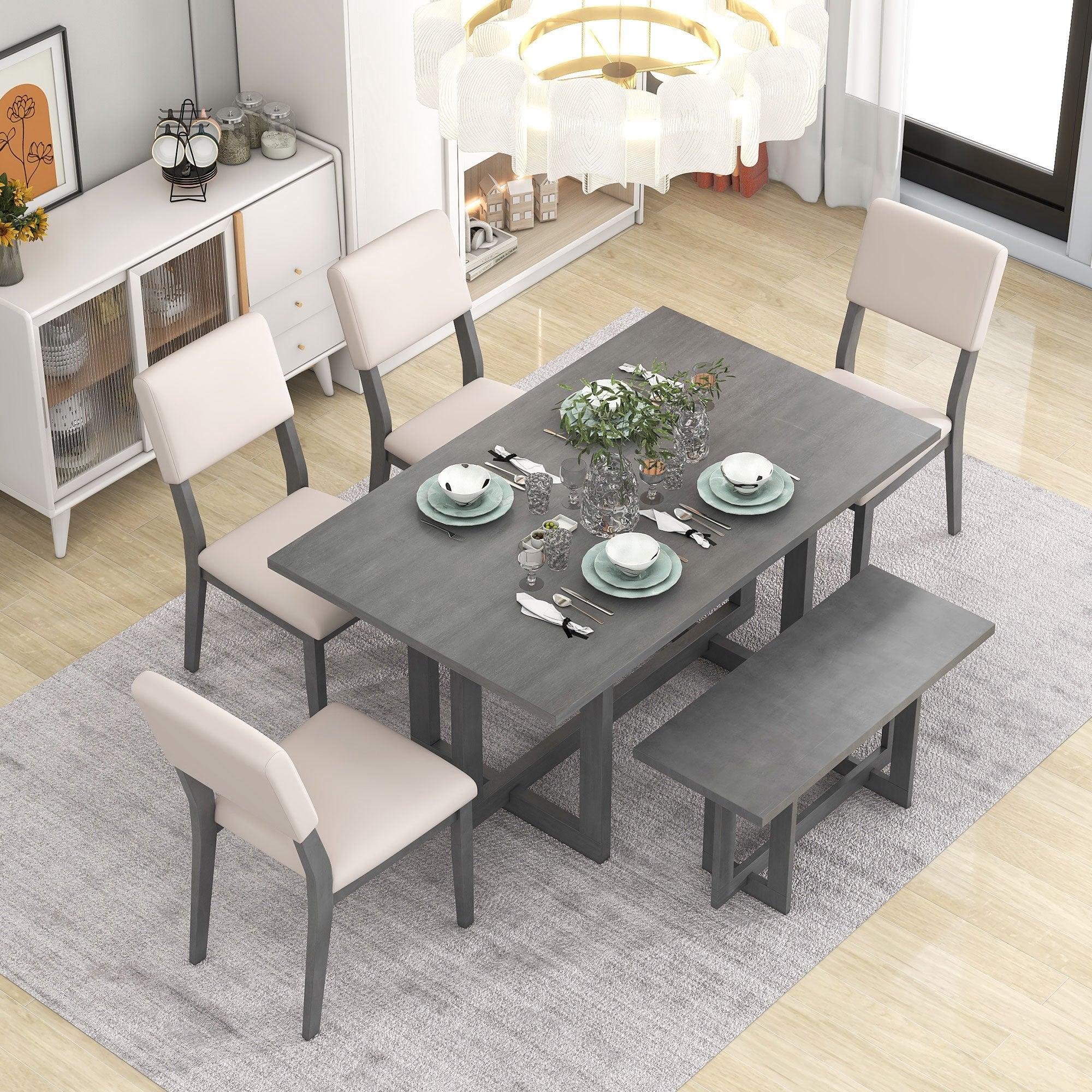 Wooden 6-Piece Dining Table Set H-shaped Support Design Dining Table, Four Chairs with Soft Cushions and One Wooden Bench (Gray)