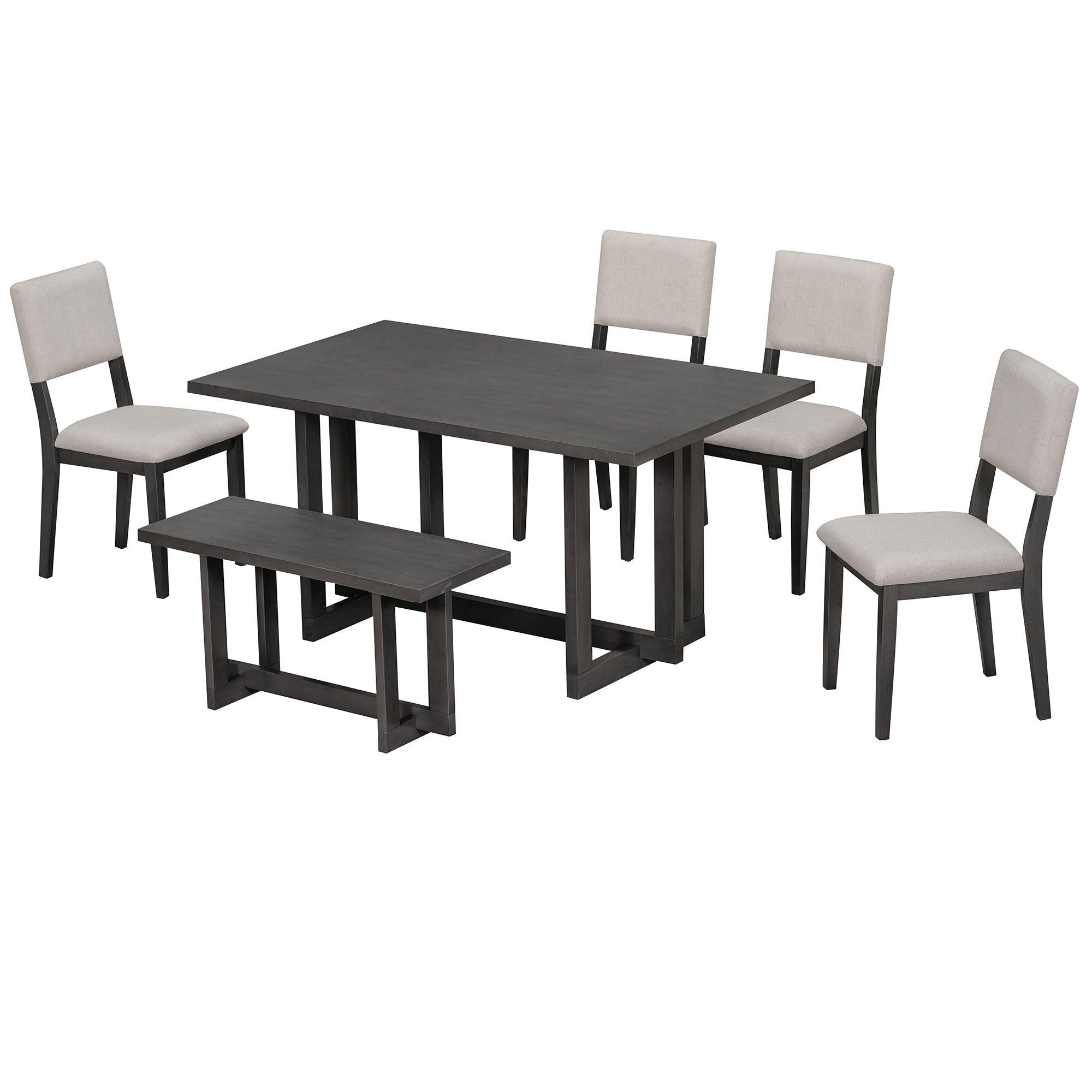 Wooden 6-Piece Dining Table Set H-shaped Support Design Dining Table, Four Chairs with Soft Cushions and One Wooden Bench (Gray)