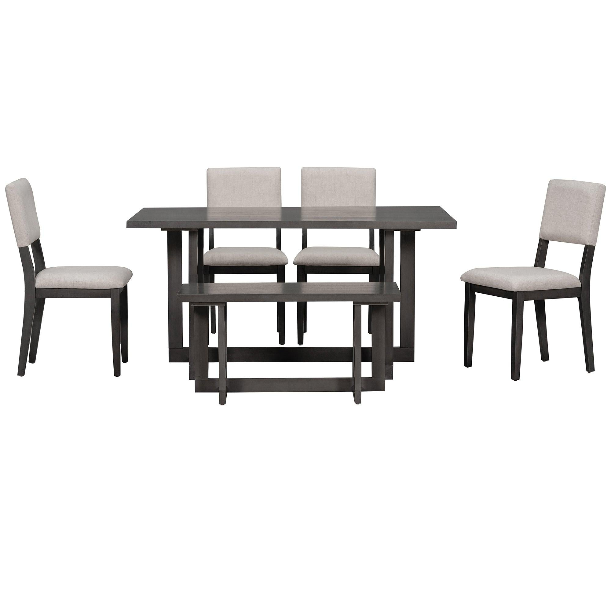 Wooden 6-Piece Dining Table Set H-shaped Support Design Dining Table, Four Chairs with Soft Cushions and One Wooden Bench (Gray)