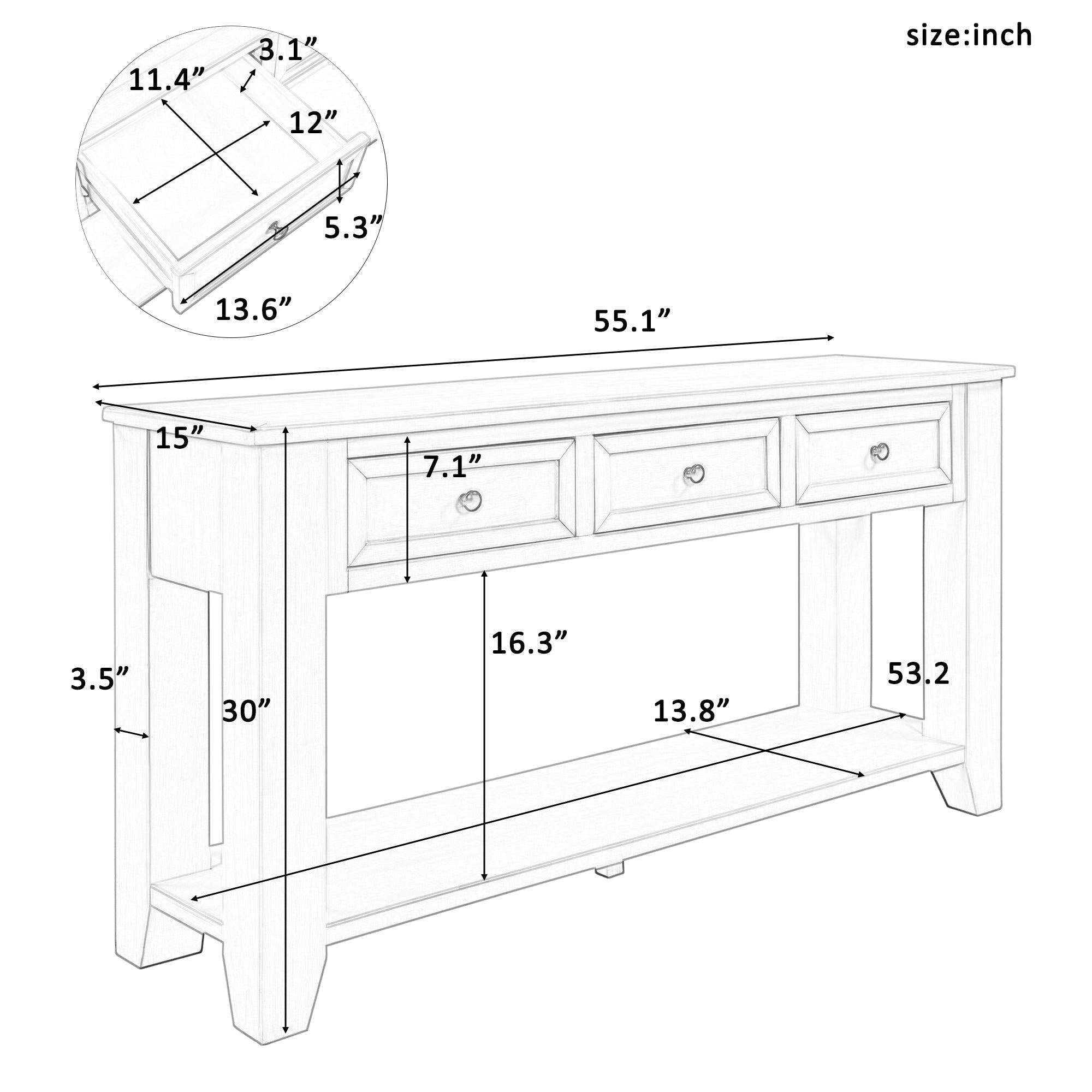 55''Modern Console Table Sofa Table for Living Room with 3 Drawers and 1 Shelf