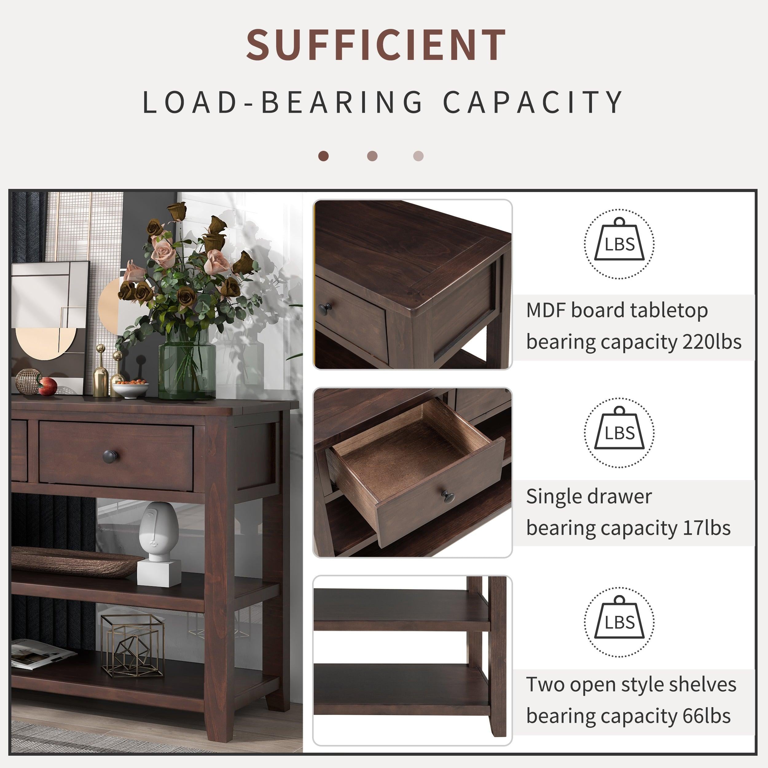 Retro Design Console Table with Two Open Shelves, Pine Solid Wood Frame and Legs for Living Room (Espresso)