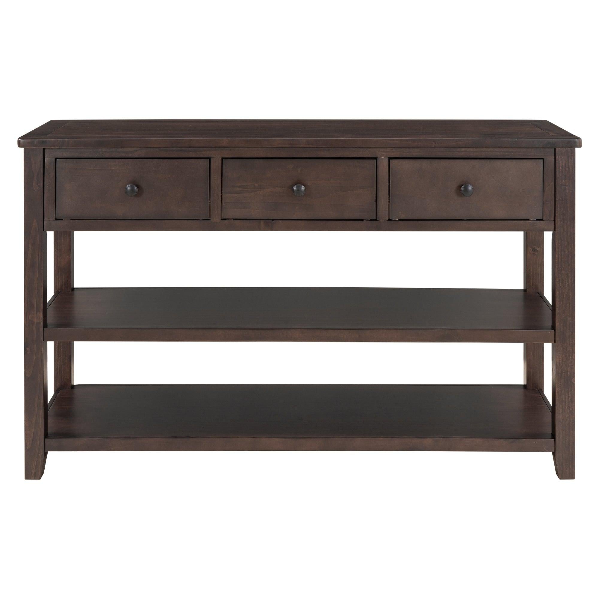 Retro Design Console Table with Two Open Shelves, Pine Solid Wood Frame and Legs for Living Room (Espresso)