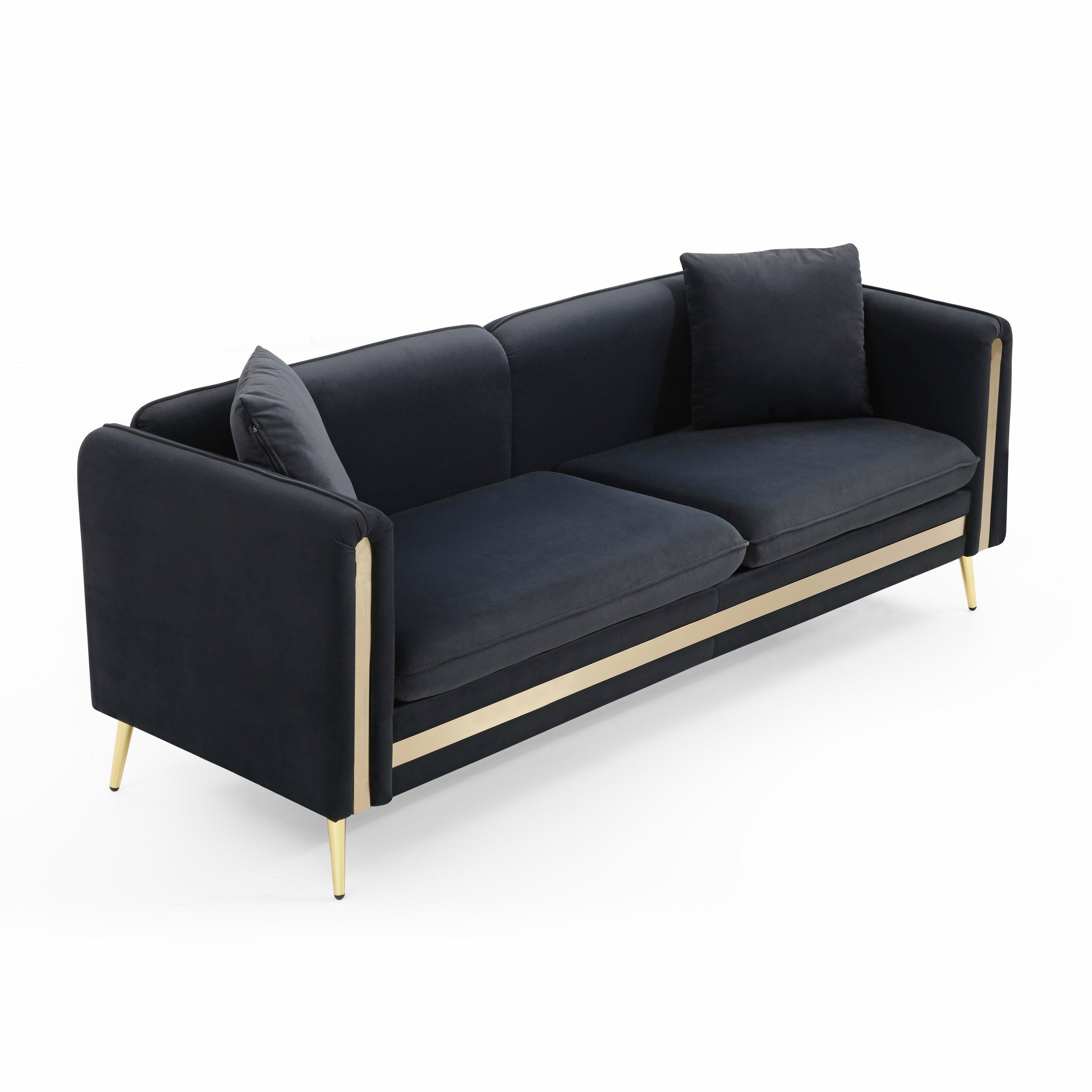 77.2”Modern Upholstered Velvet Sofa 3 Seater Couch with Removable Cushions Side Pocket Mid-Century Tufted Living Room Set ld Metal Legs,2 Pillows Included,Black