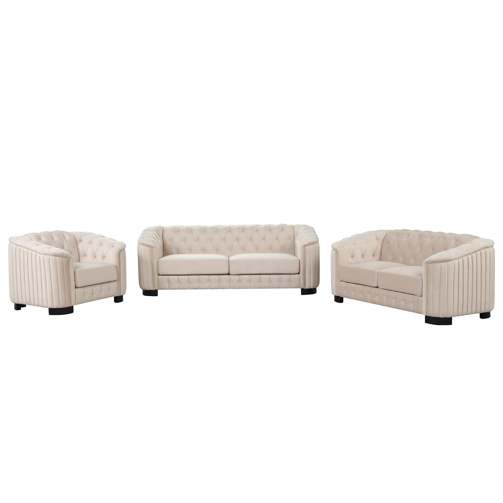 Modern 3-Piece Sofa Sets with Rubber Wood Legs,Velvet Upholstered Couches Sets Including Three Seat Sofa, Loveseat and Single Chair for Living Room Furniture Set,Beige image