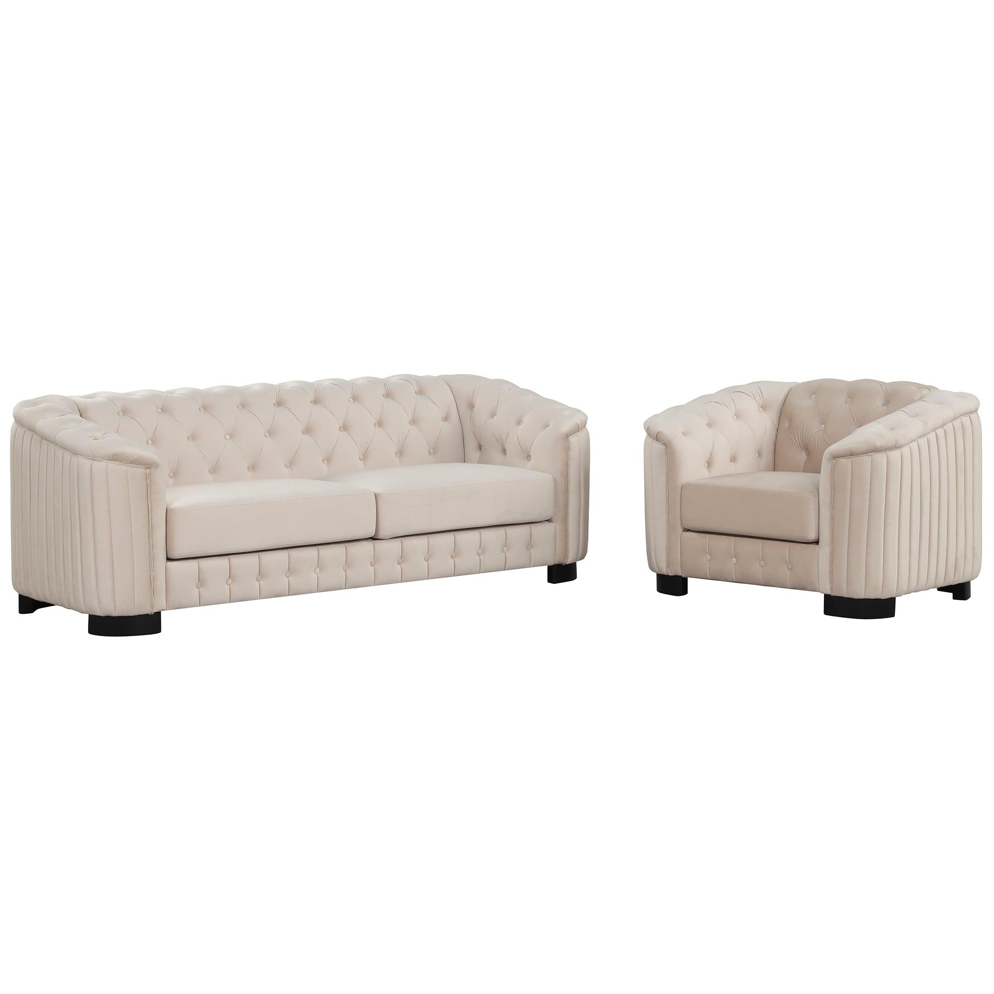 Modern 3-Piece Sofa Sets with Rubber Wood Legs,Velvet Upholstered Couches Sets Including Three Seat Sofa, Loveseat and Single Chair for Living Room Furniture Set,Beige