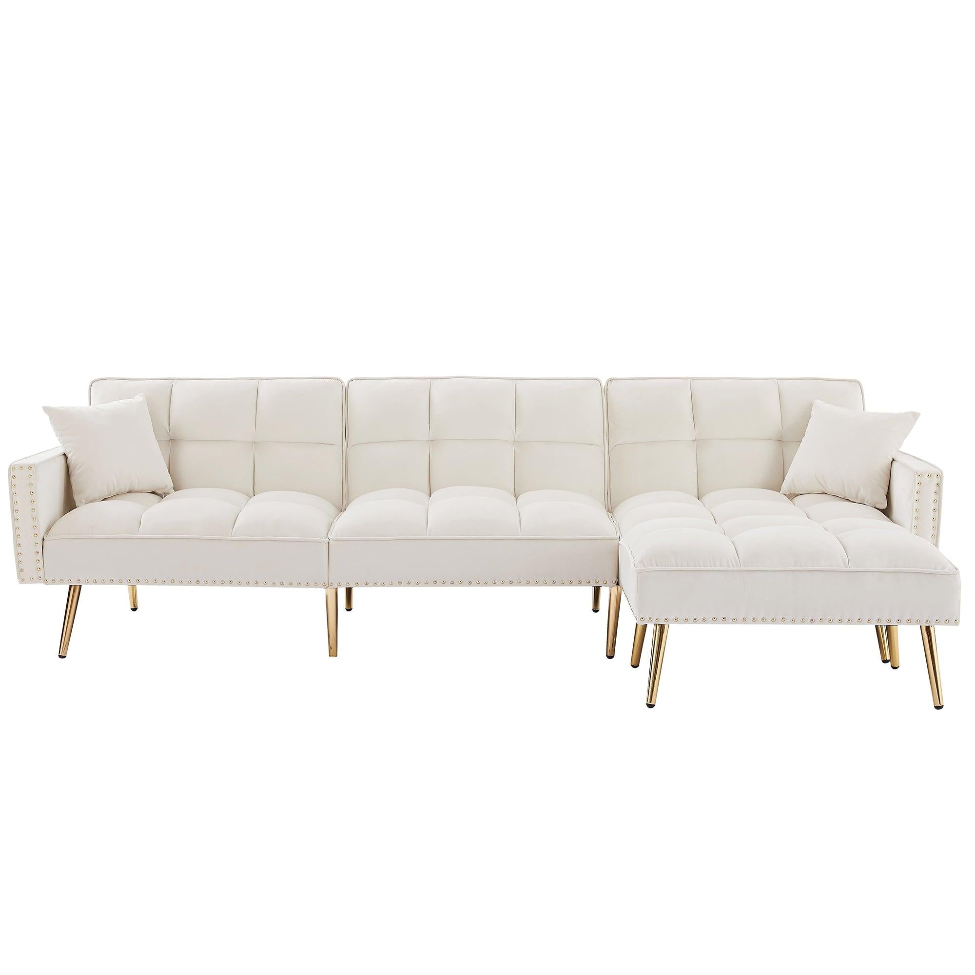 cream white Velvet Upholstered Reversible Sectional Sofa Bed , L-Shaped Couch with Movable Ottoman For Living Room.