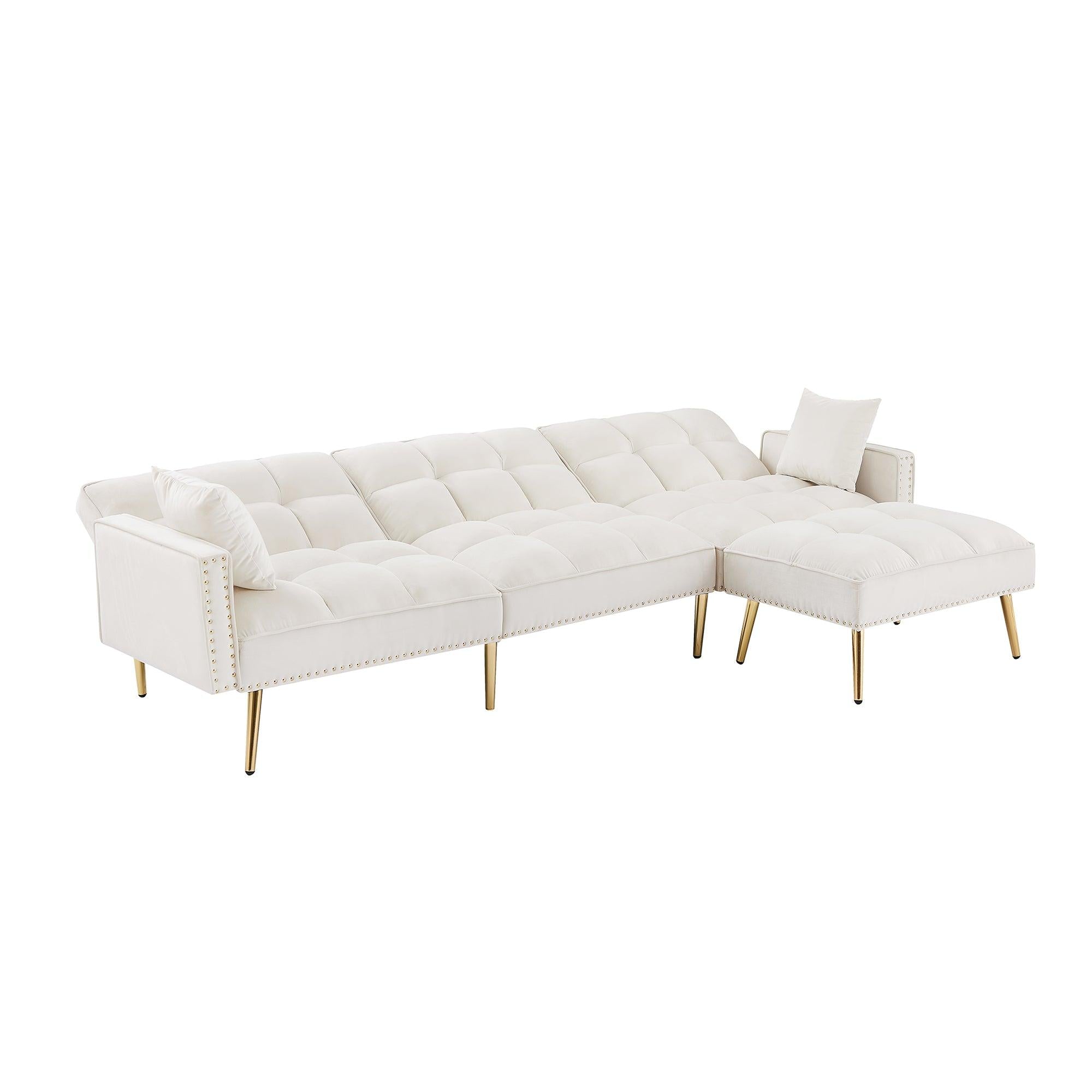 cream white Velvet Upholstered Reversible Sectional Sofa Bed , L-Shaped Couch with Movable Ottoman For Living Room.