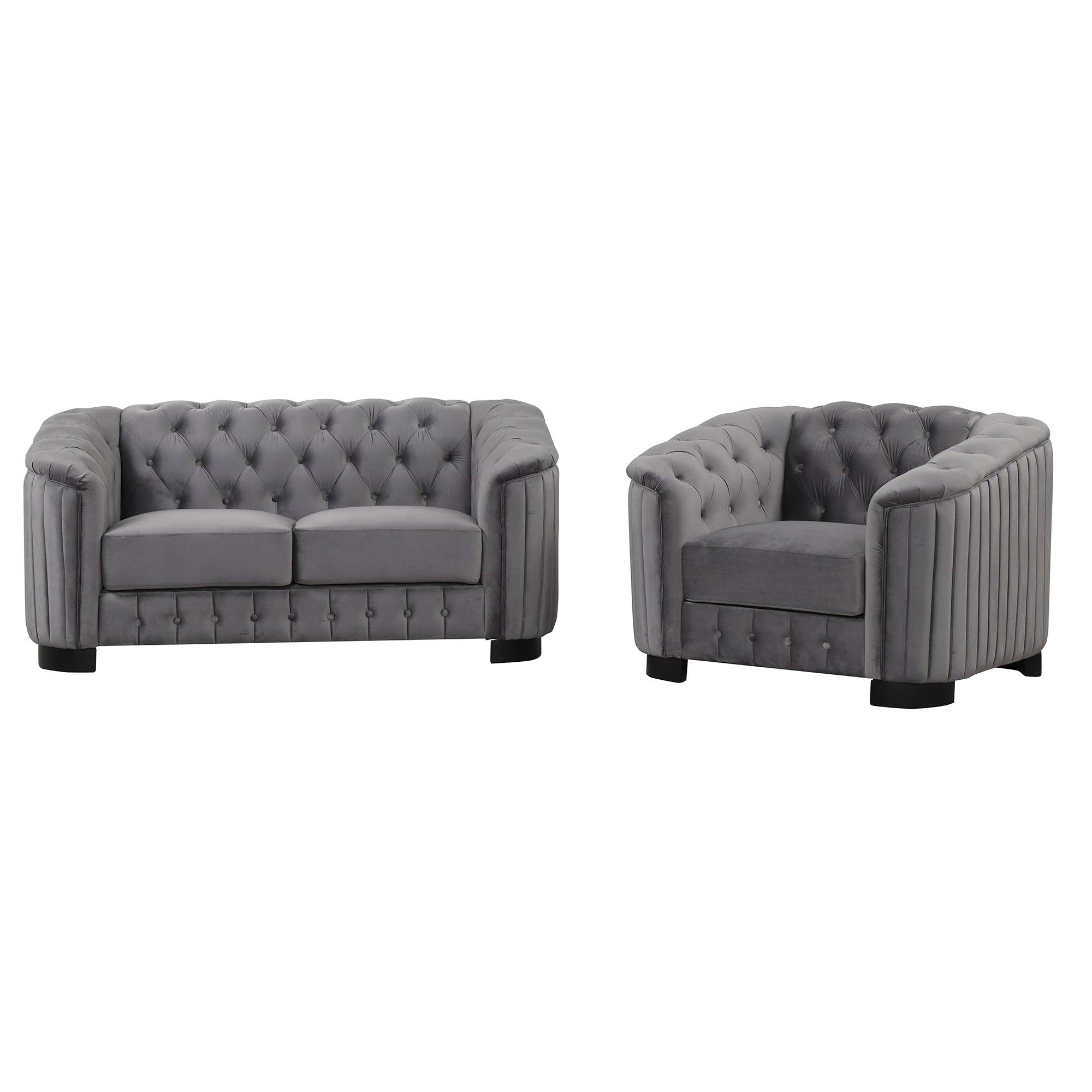 Modern 3-Piece Sofa Sets with Rubber Wood Legs,Velvet Upholstered Couches Sets Including Three Seat Sofa, Loveseat and Single Chair for Living Room Furniture Set,Gray