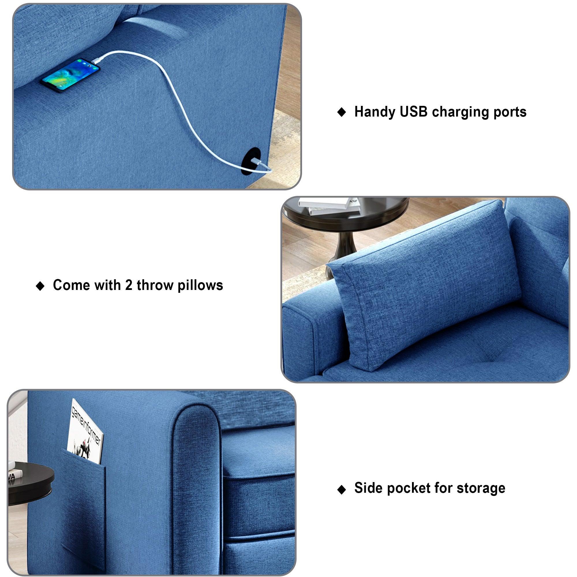 48" Convertible Sleeper Sofa Bed, Multi-Functional Adjustable Single Bed Chair  with USB Port and 2 Pillows for Small Space,Blue