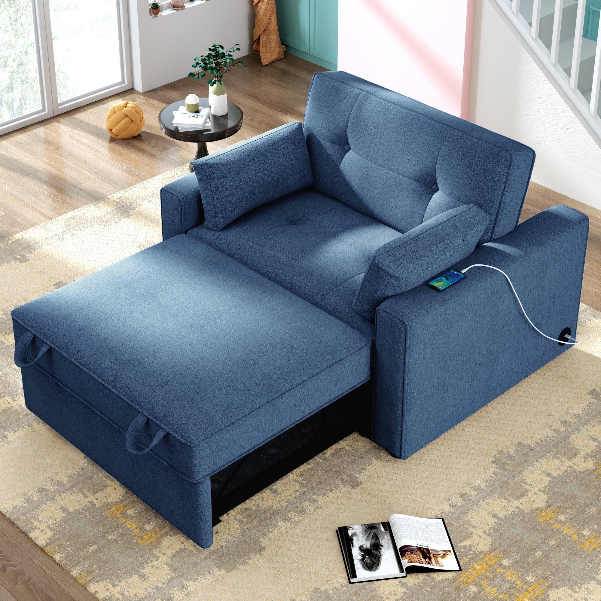 48" Convertible Sleeper Sofa Bed, Multi-Functional Adjustable Single Bed Chair  with USB Port and 2 Pillows for Small Space,Blue