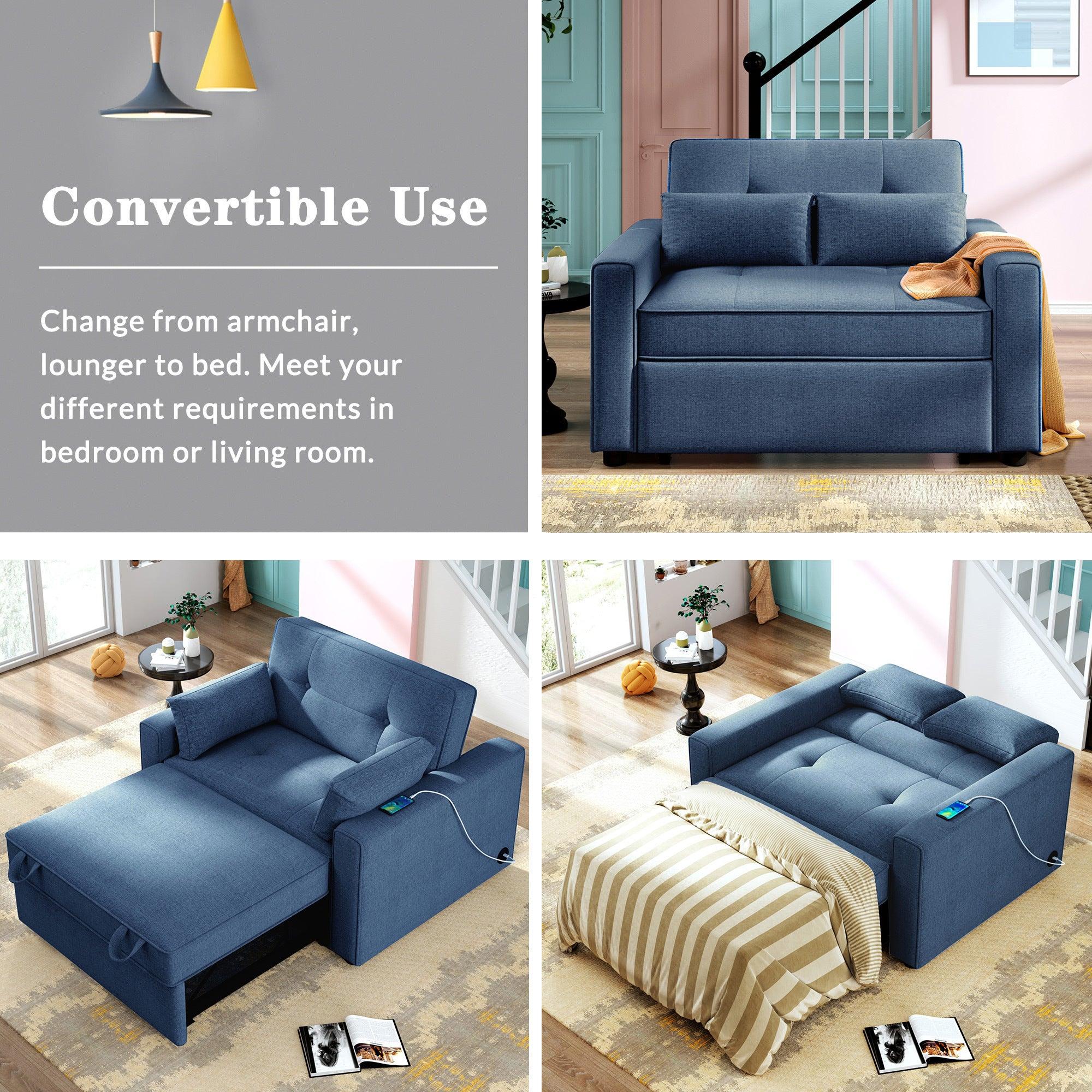 48" Convertible Sleeper Sofa Bed, Multi-Functional Adjustable Single Bed Chair  with USB Port and 2 Pillows for Small Space,Blue