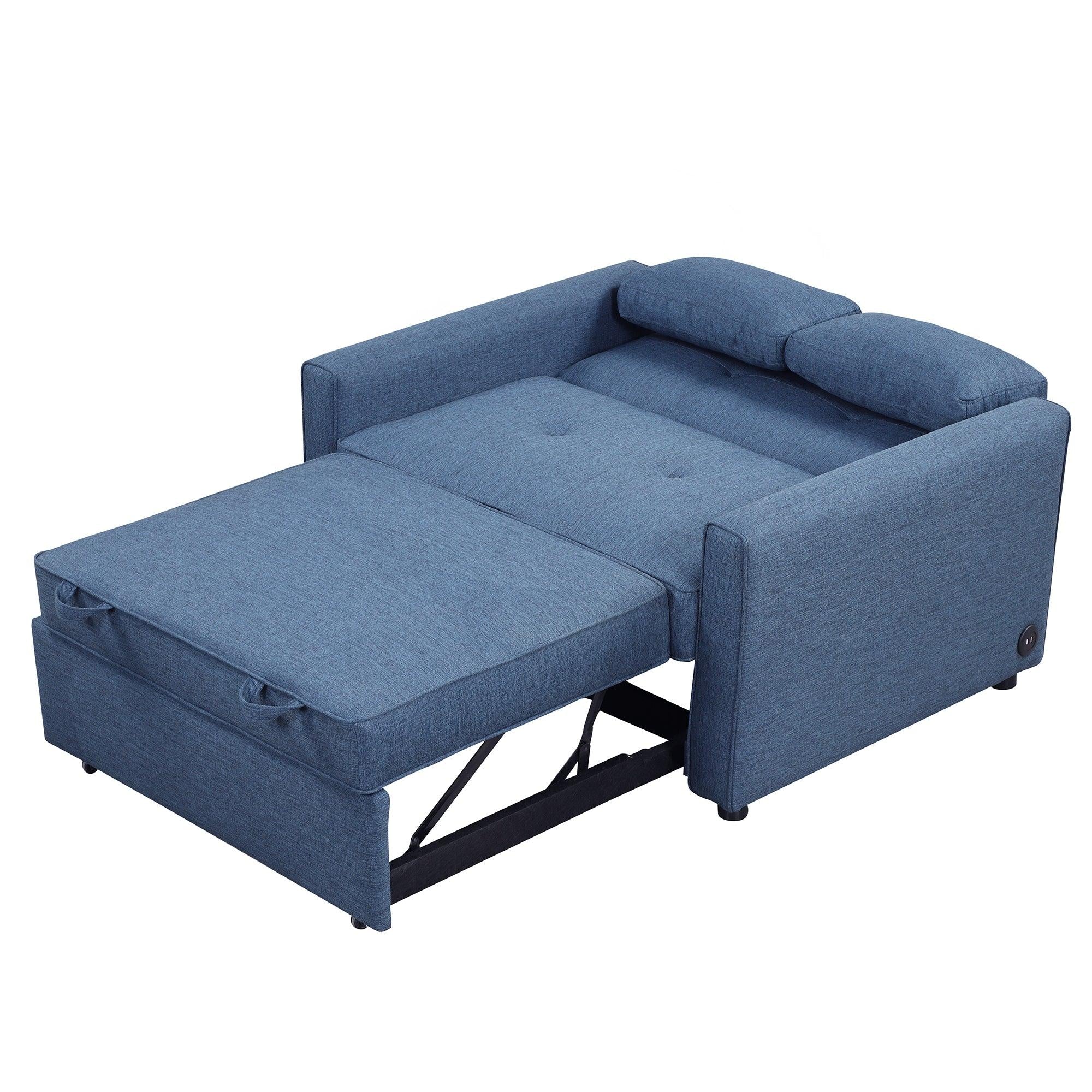 48" Convertible Sleeper Sofa Bed, Multi-Functional Adjustable Single Bed Chair  with USB Port and 2 Pillows for Small Space,Blue