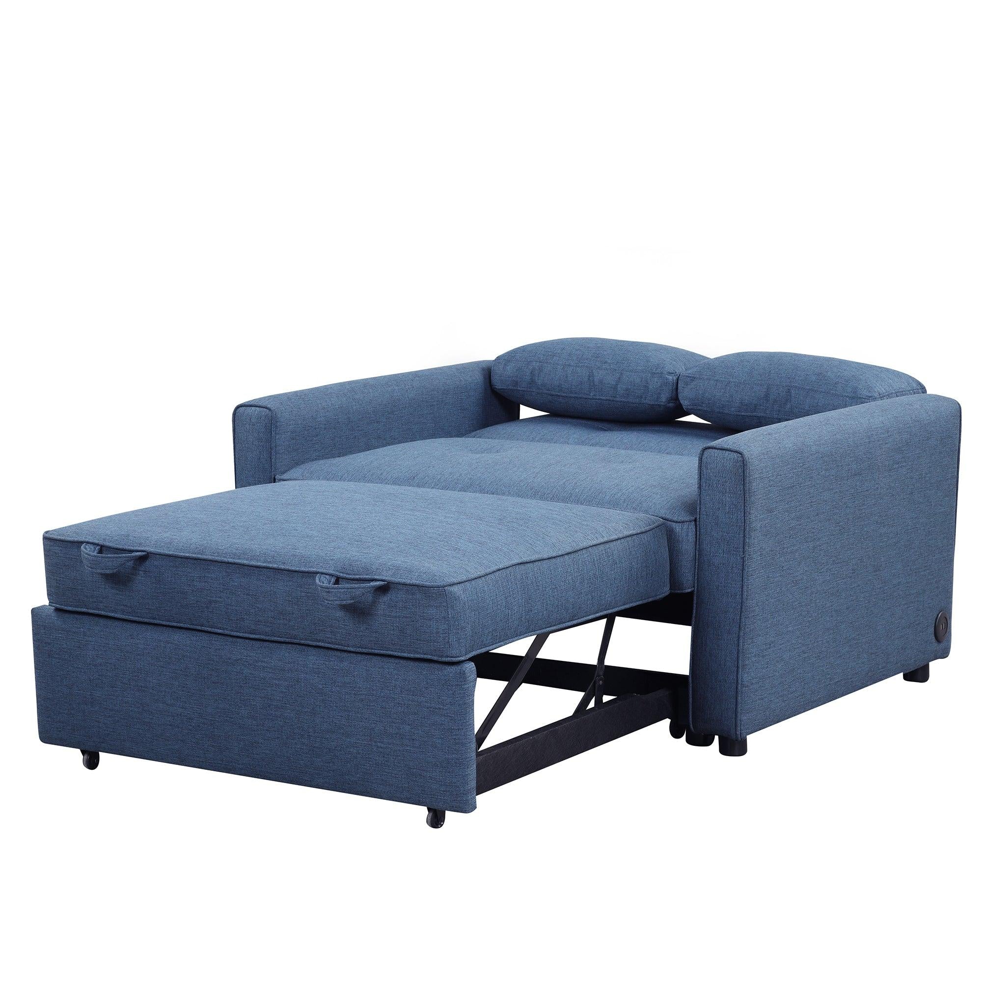 48" Convertible Sleeper Sofa Bed, Multi-Functional Adjustable Single Bed Chair  with USB Port and 2 Pillows for Small Space,Blue