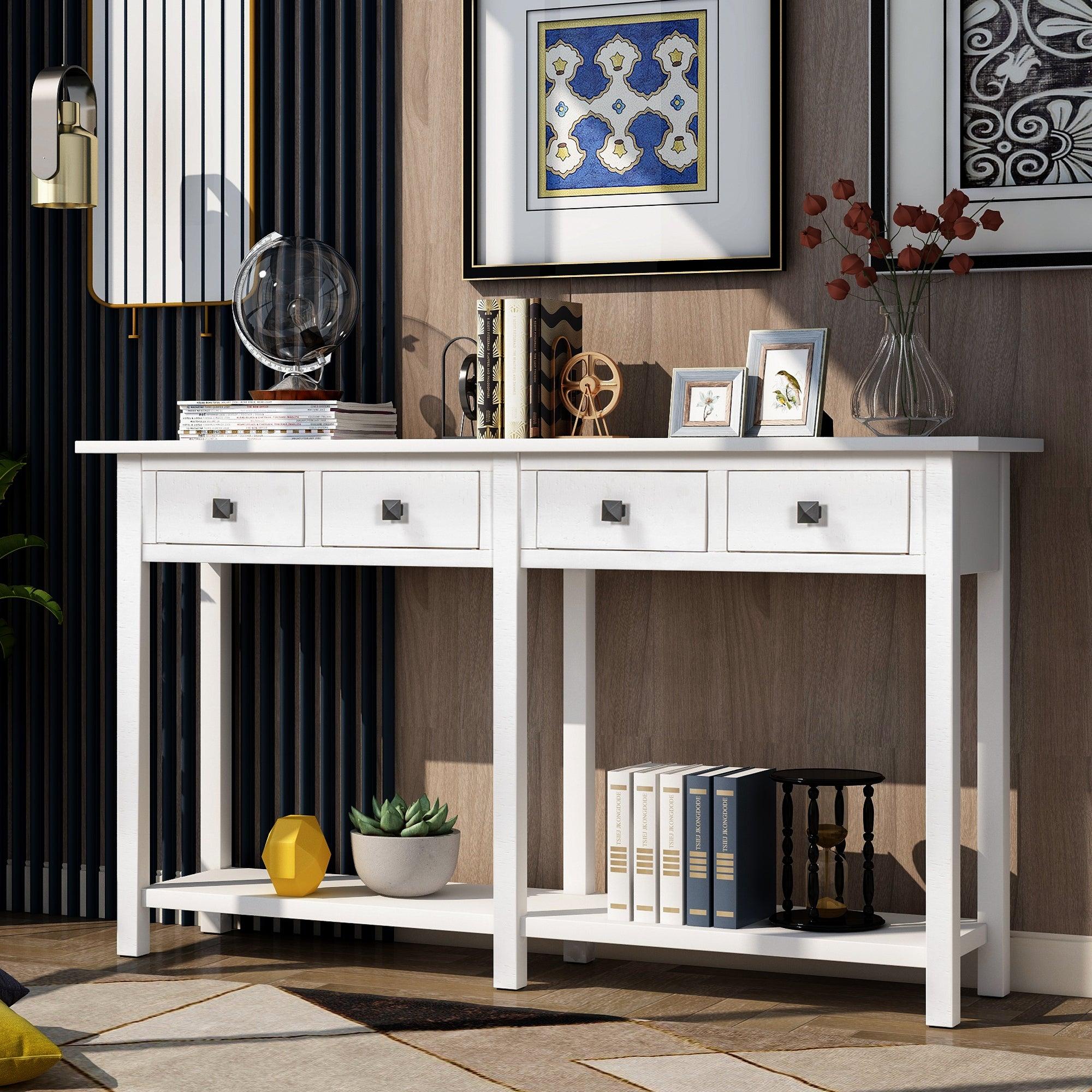 Rustic Brushed Texture Entryway Table Console Table with Drawer and Bottom Shelf for Living Room（Ivory White） image