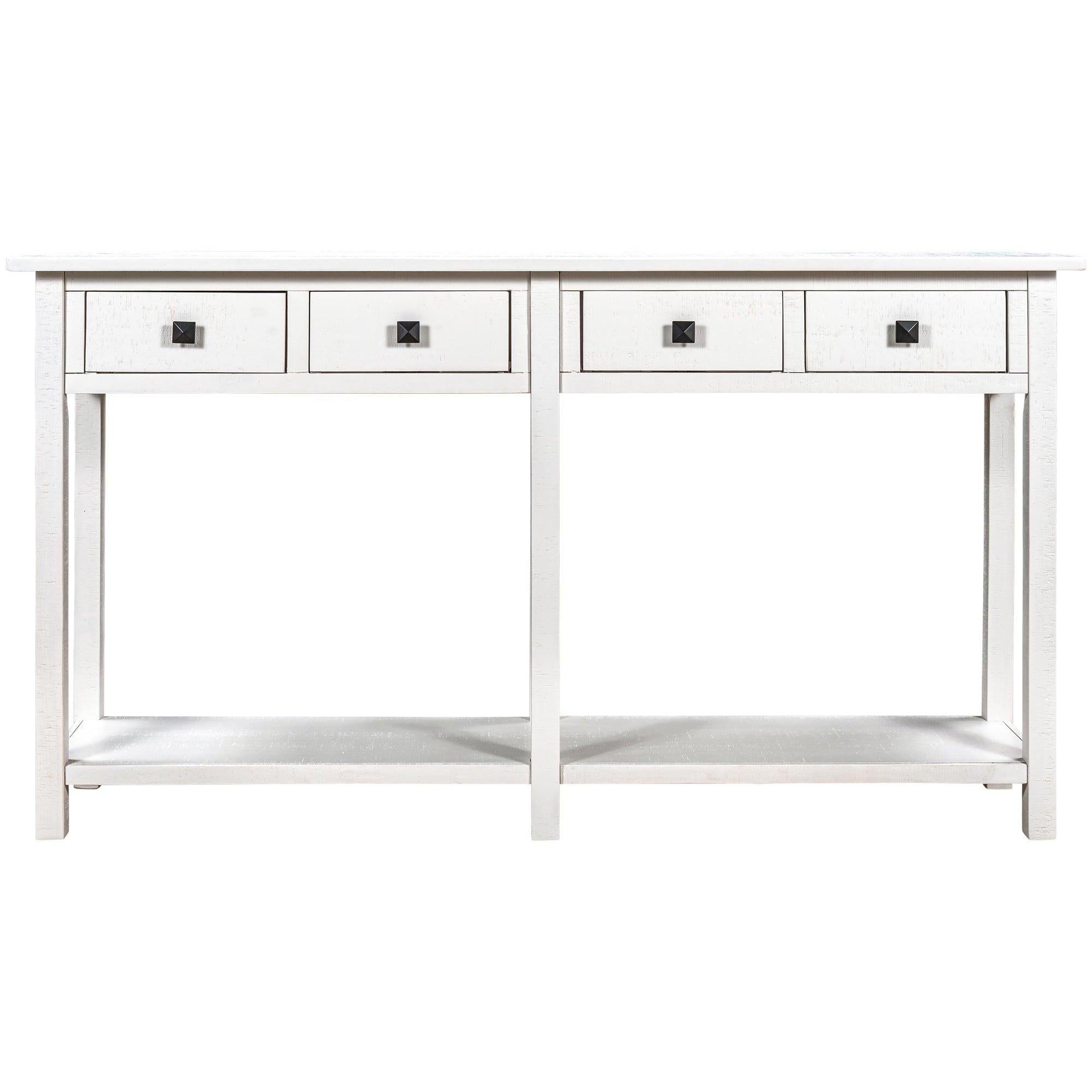 Rustic Brushed Texture Entryway Table Console Table with Drawer and Bottom Shelf for Living Room（Ivory White）