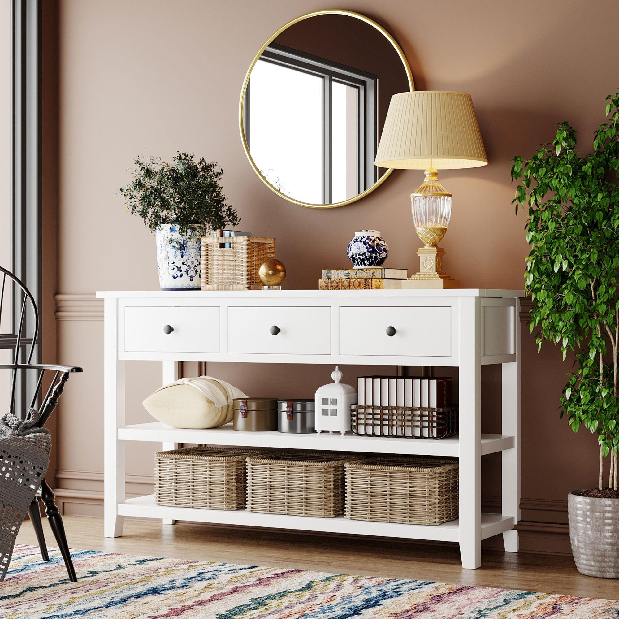 Retro Design Console Table with Two Open Shelves, Pine Solid Wood Frame and Legs for Living Room (Antique White) image