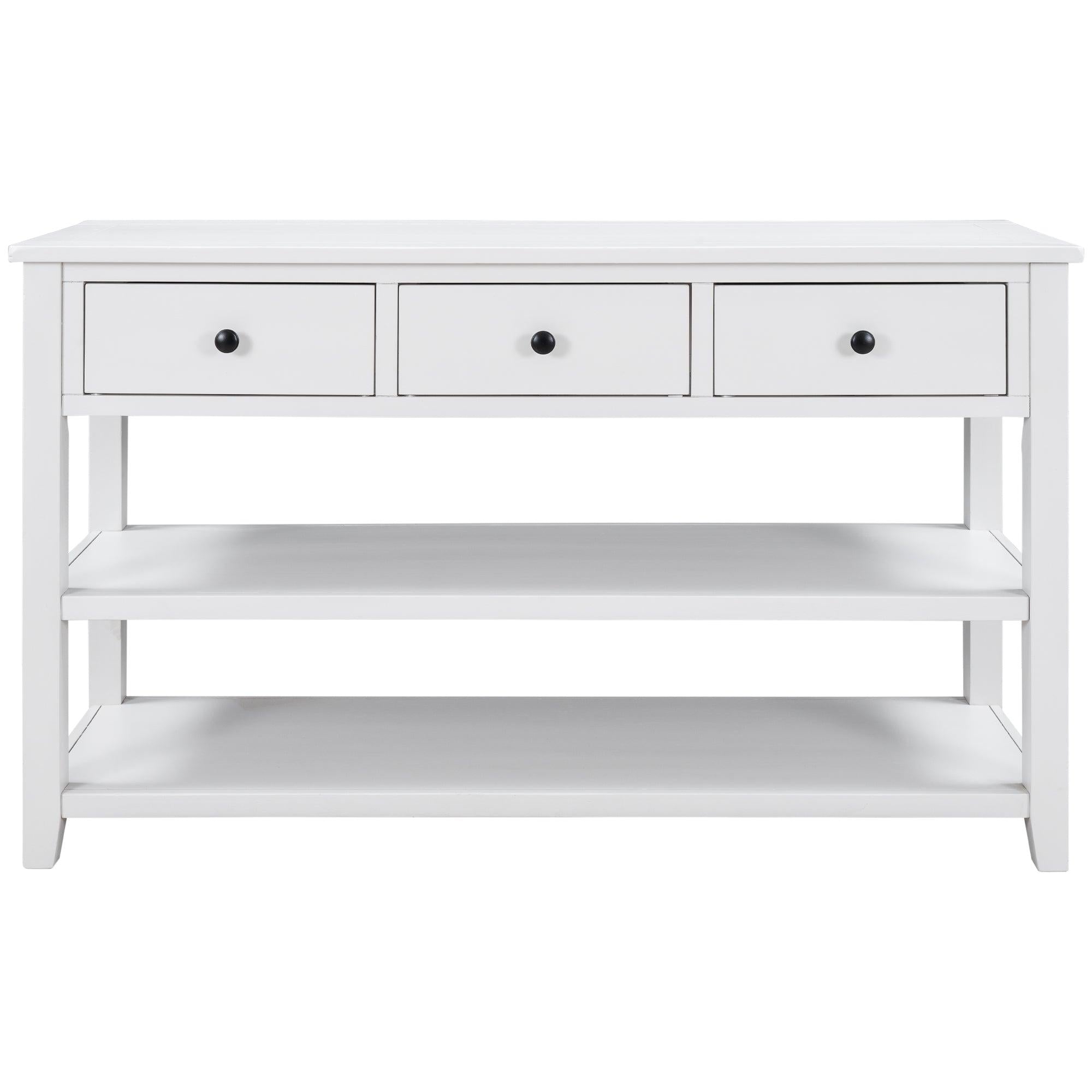 Retro Design Console Table with Two Open Shelves, Pine Solid Wood Frame and Legs for Living Room (Antique White)