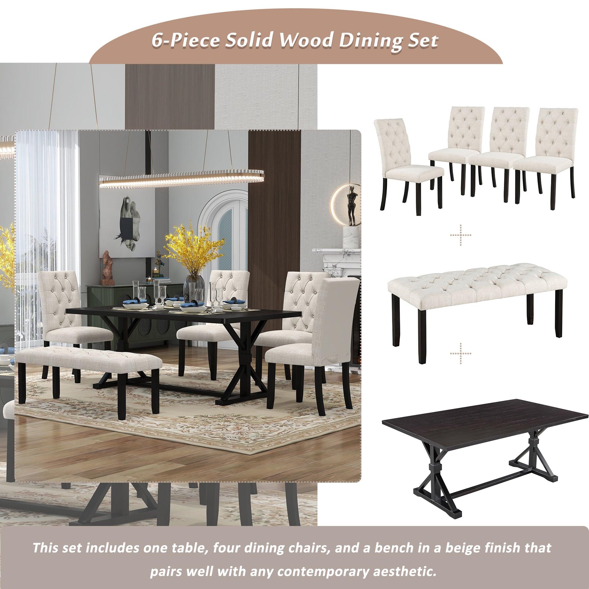 6-Piece Farmhouse Dining Table Set 72" Wood Rectangular Table, 4 Upholstered Chairs with Bench (Espresso)