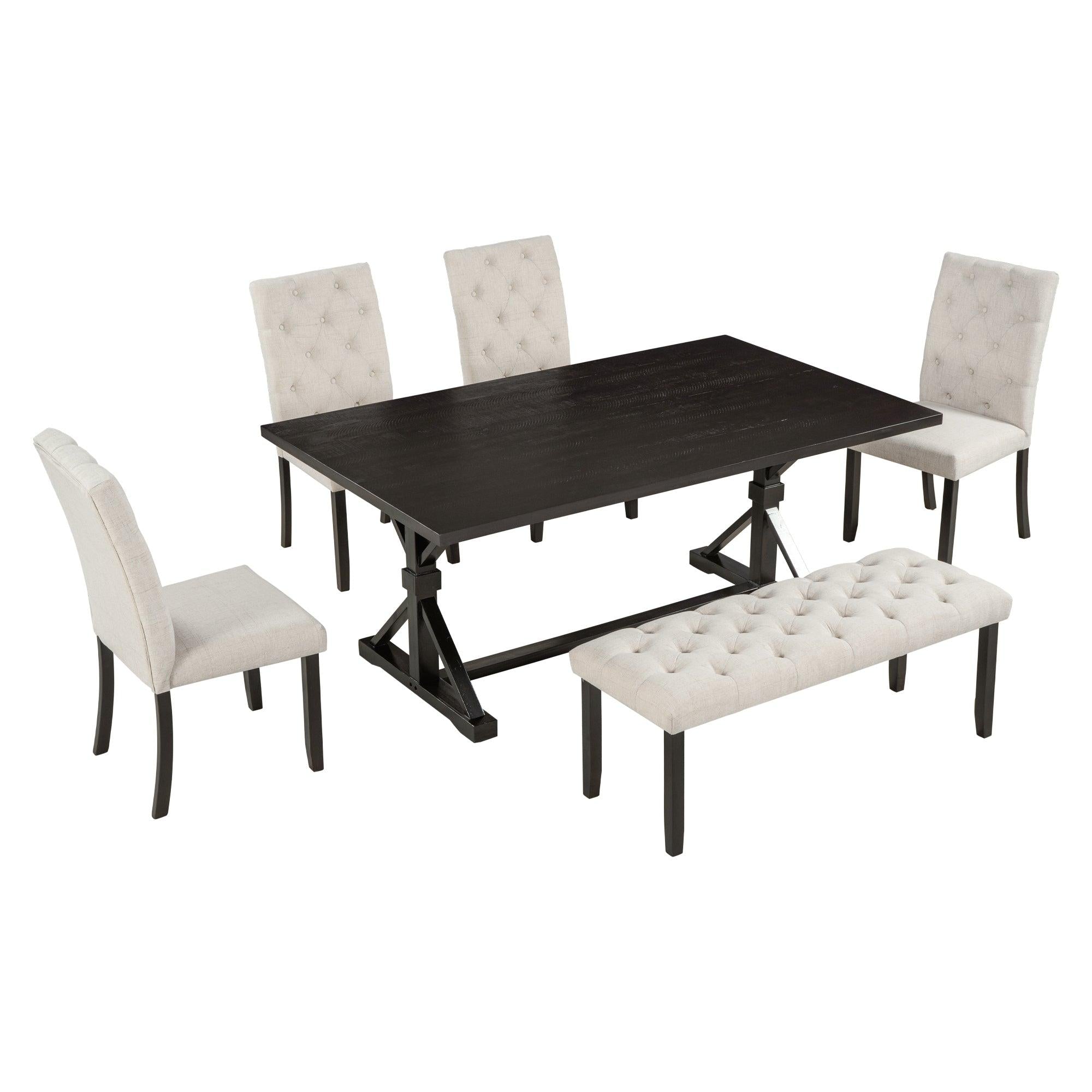 6-Piece Farmhouse Dining Table Set 72" Wood Rectangular Table, 4 Upholstered Chairs with Bench (Espresso)