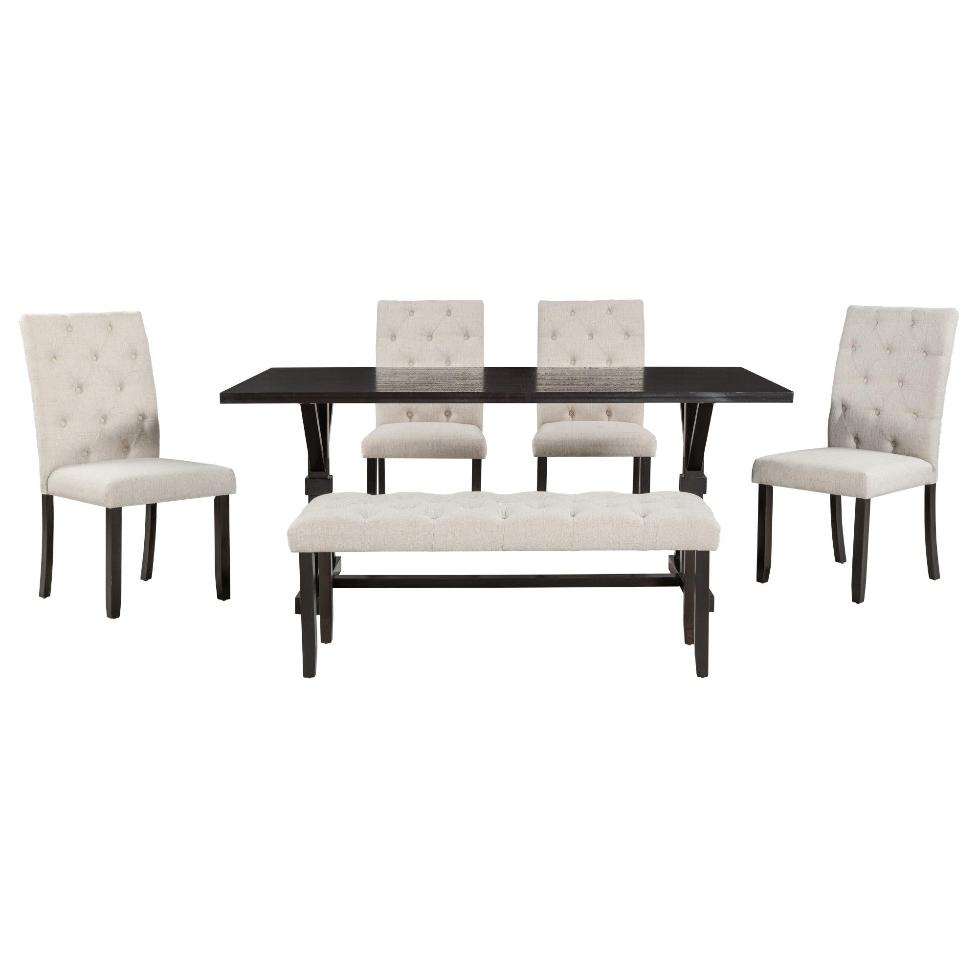 6-Piece Farmhouse Dining Table Set 72" Wood Rectangular Table, 4 Upholstered Chairs with Bench (Espresso)