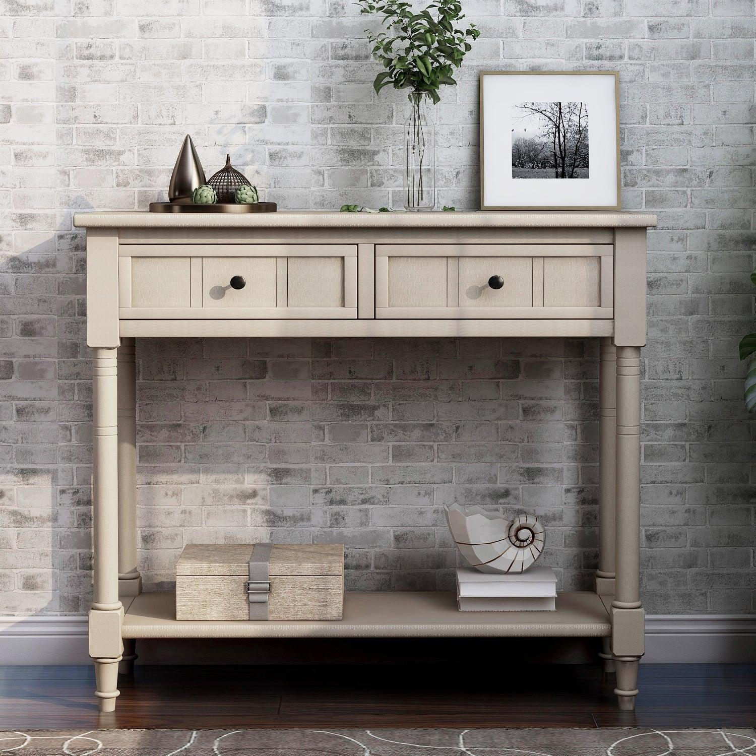 Daisy Series Console Table Traditional Design with Two Drawers and Bottom Shelf (Retro Grey)