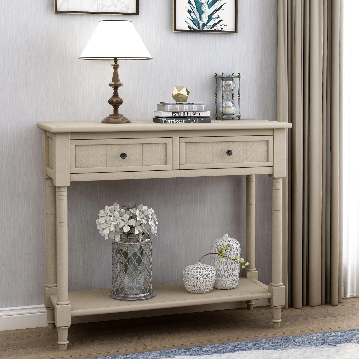 Daisy Series Console Table Traditional Design with Two Drawers and Bottom Shelf (Retro Grey)