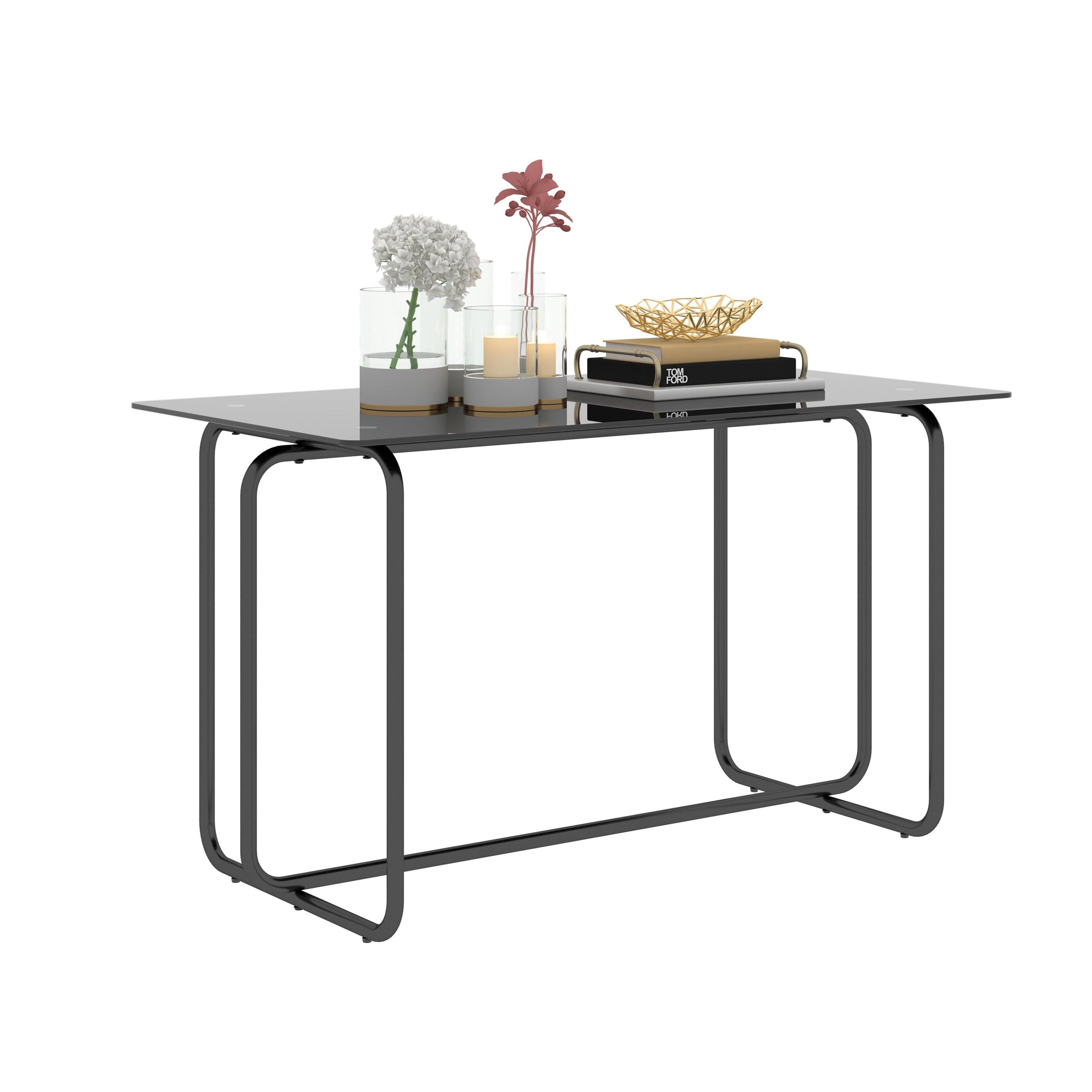 1-piece Rectangle Dining Table with Metal Frame, Tempered Glass Dining Table for Kitchen Room, Black image