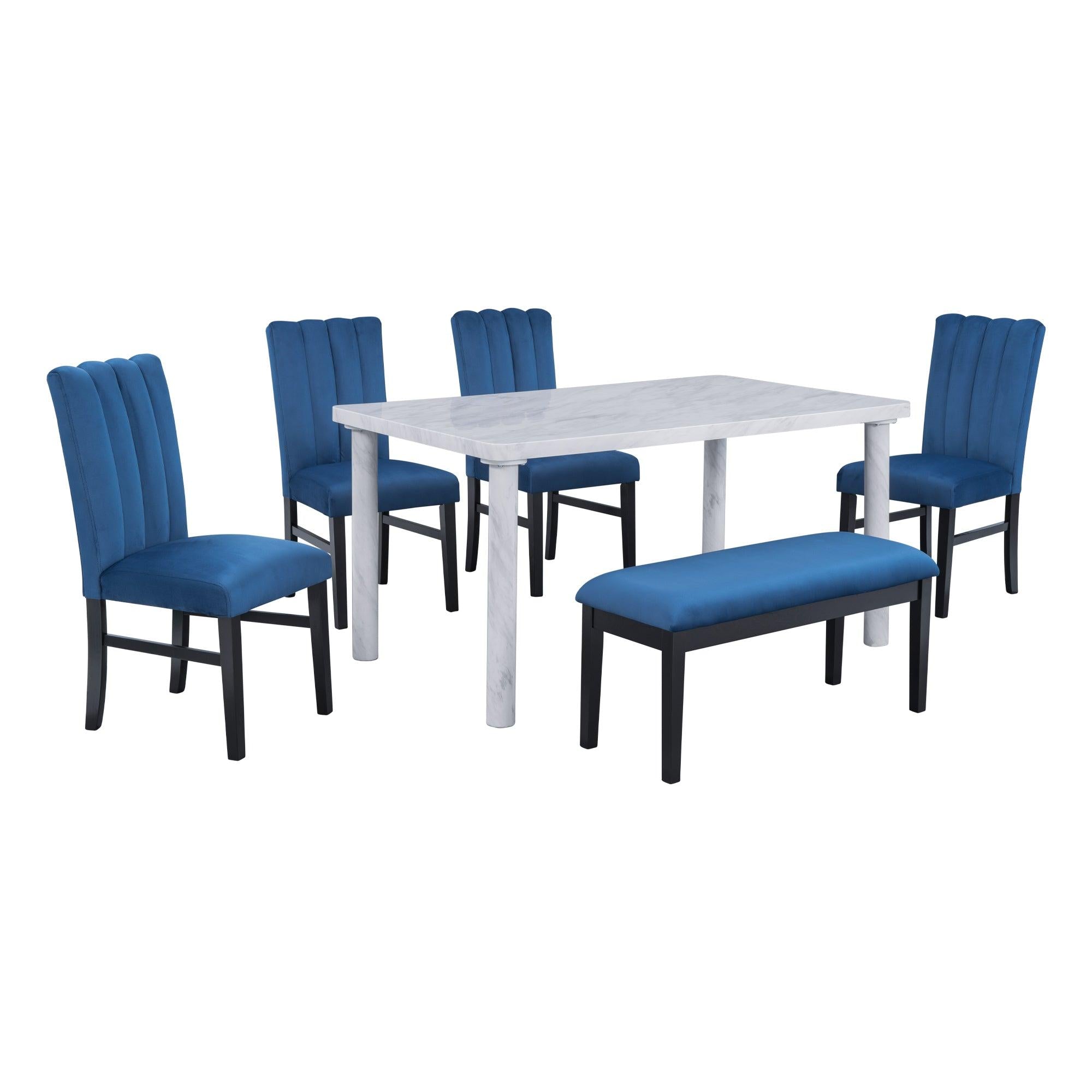 6-Piece Dining Table Set with Marble Veneer Table and 4 Flannelette Upholstered Dining Chairs & Bench (White+Blue)