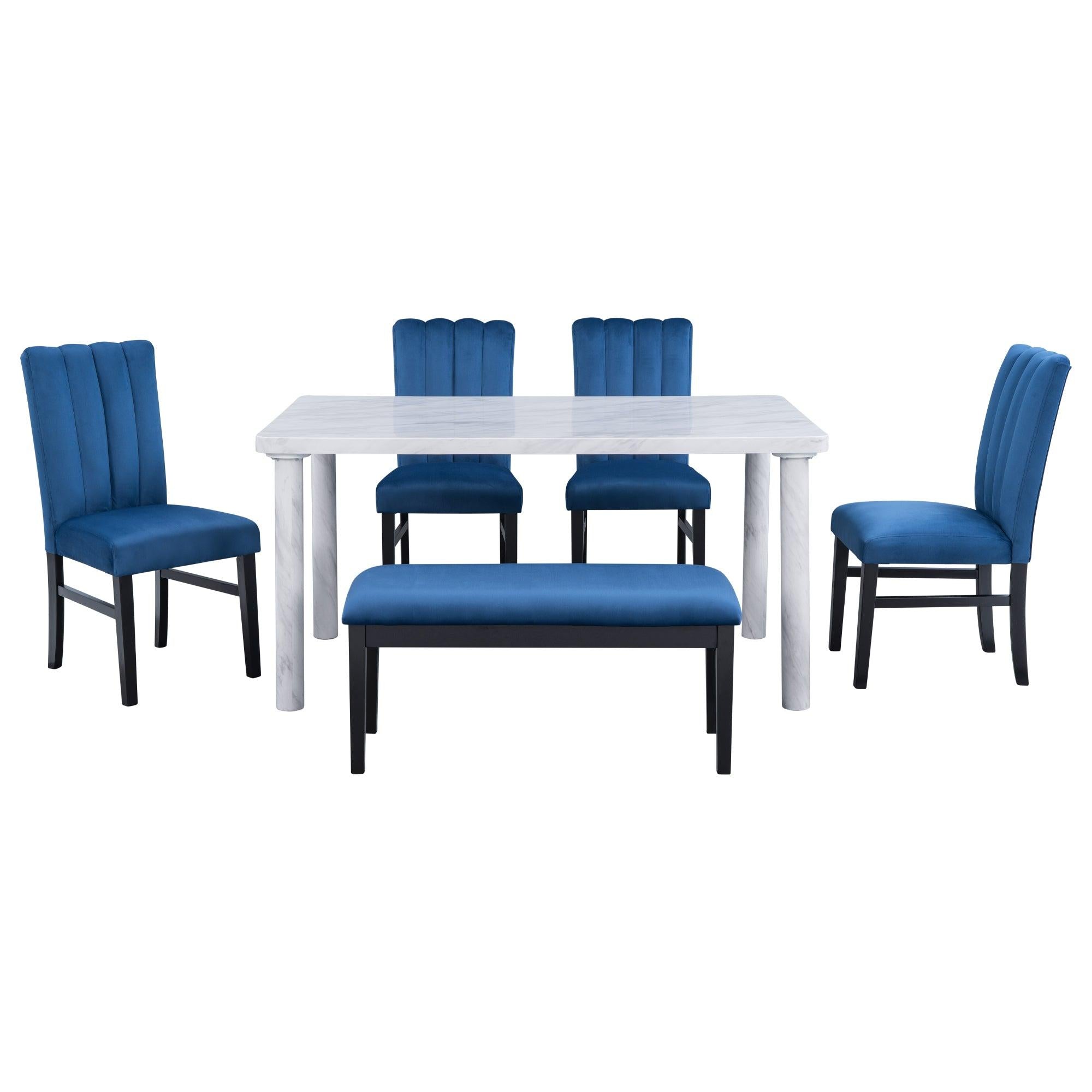 6-Piece Dining Table Set with Marble Veneer Table and 4 Flannelette Upholstered Dining Chairs & Bench (White+Blue)