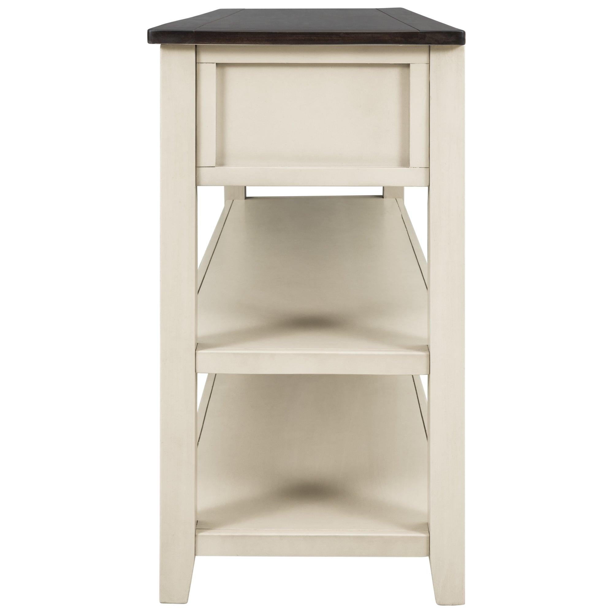 Retro Design Console Table with Two Open Shelves, Pine Solid Wood Frame and Legs for Living Room (Espresso+Beige)