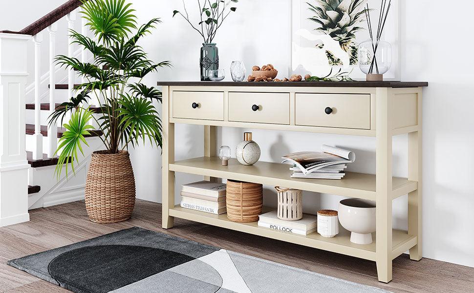 Retro Design Console Table with Two Open Shelves, Pine Solid Wood Frame and Legs for Living Room (Espresso+Beige)