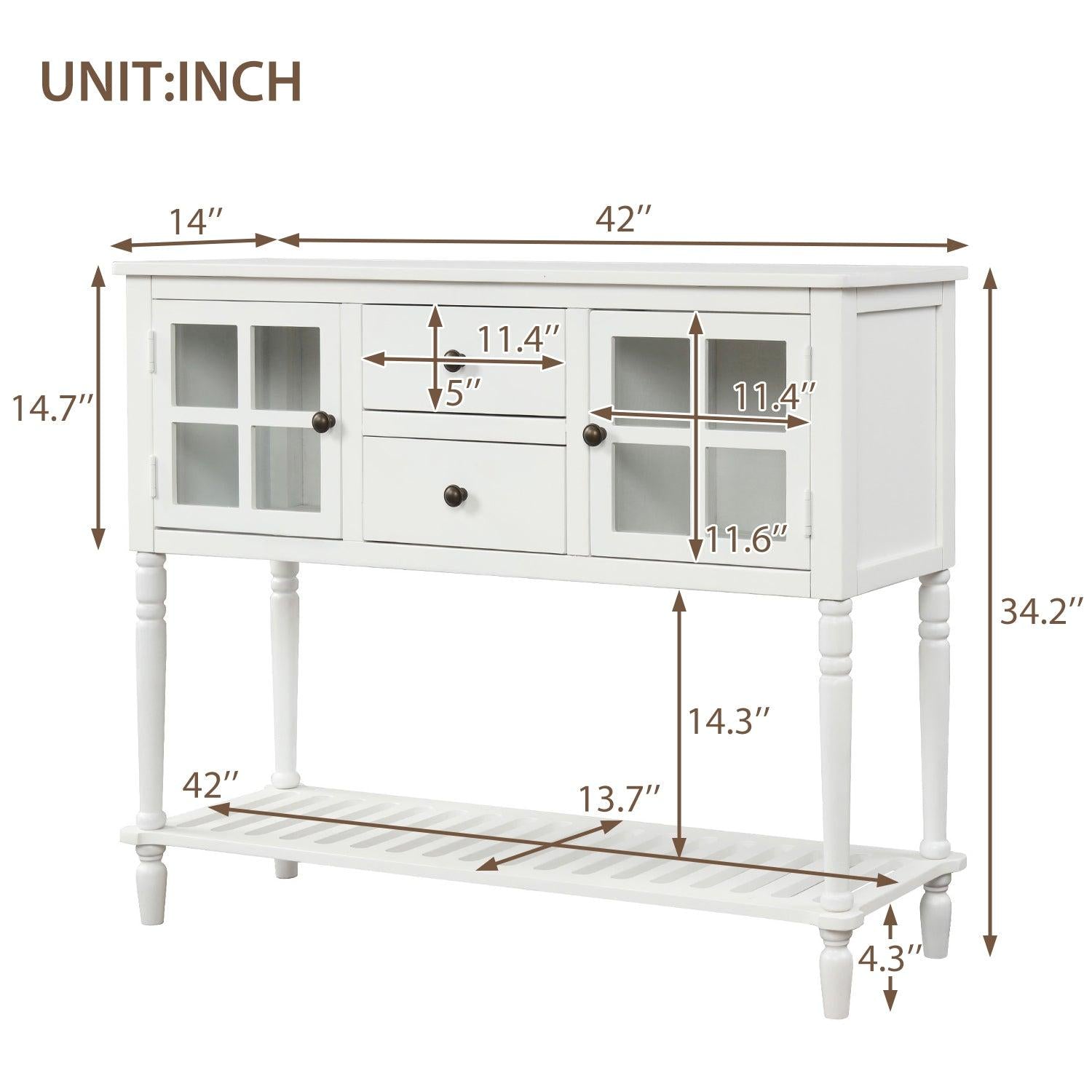 Sideboard Console Table with Bottom Shelf, Farmhouse Wood/Glass BuffetStorage Cabinet Living Room (White)