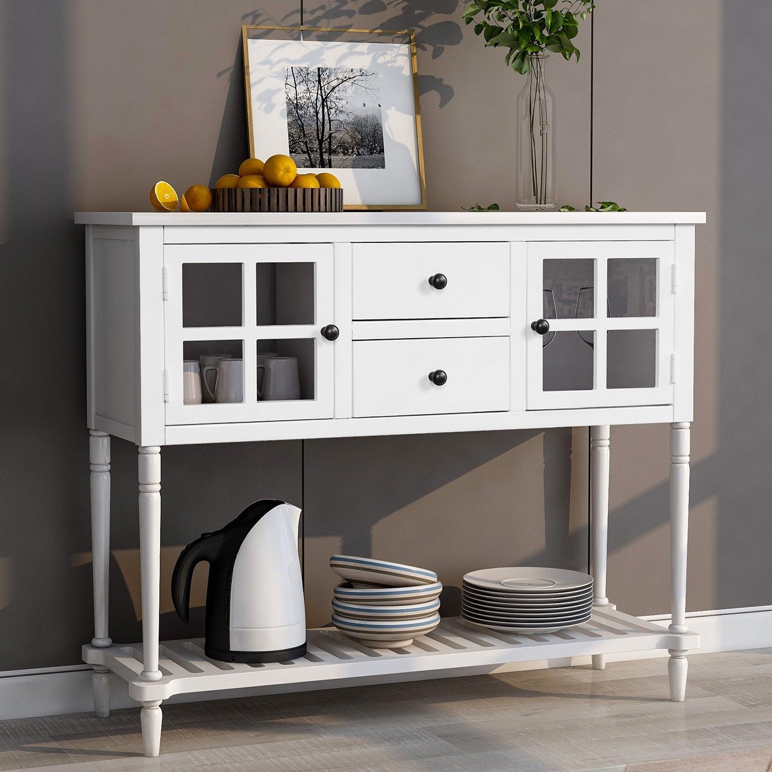 Sideboard Console Table with Bottom Shelf, Farmhouse Wood/Glass BuffetStorage Cabinet Living Room (White) image