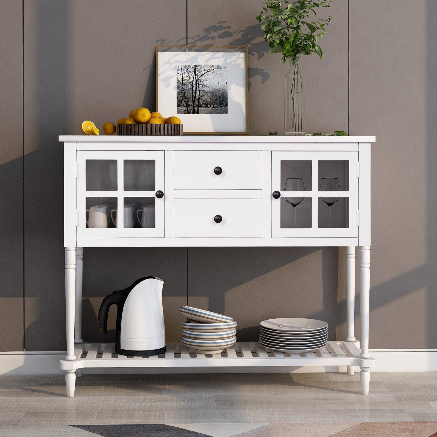 Sideboard Console Table with Bottom Shelf, Farmhouse Wood/Glass BuffetStorage Cabinet Living Room (White)