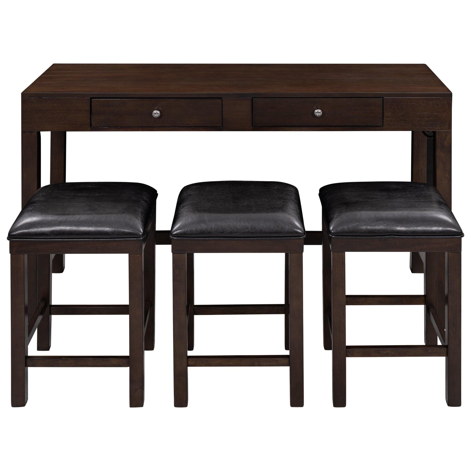 4-Piece Counter Height Table Set with Socket and Leather Padded Stools, Espresso