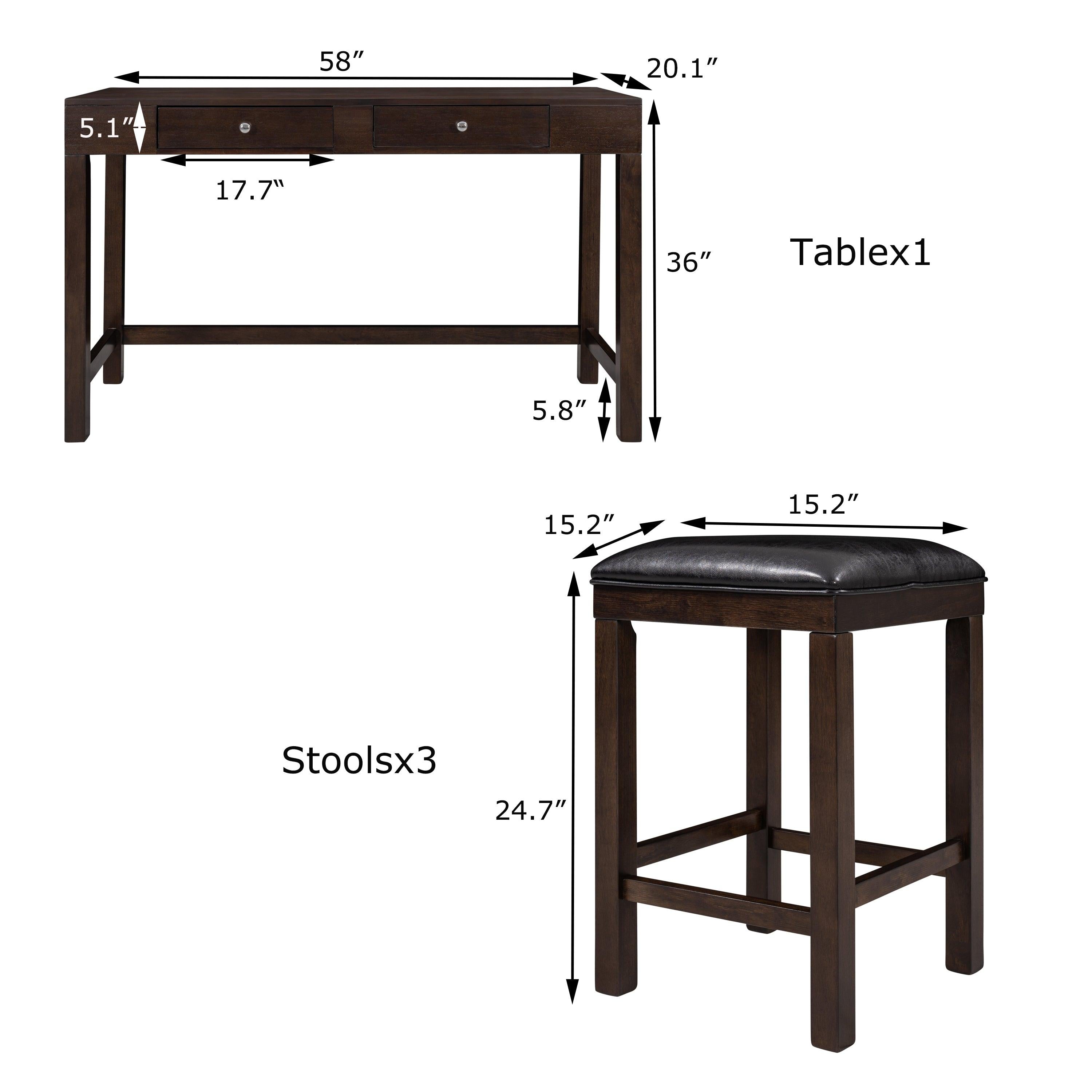 4-Piece Counter Height Table Set with Socket and Leather Padded Stools, Espresso