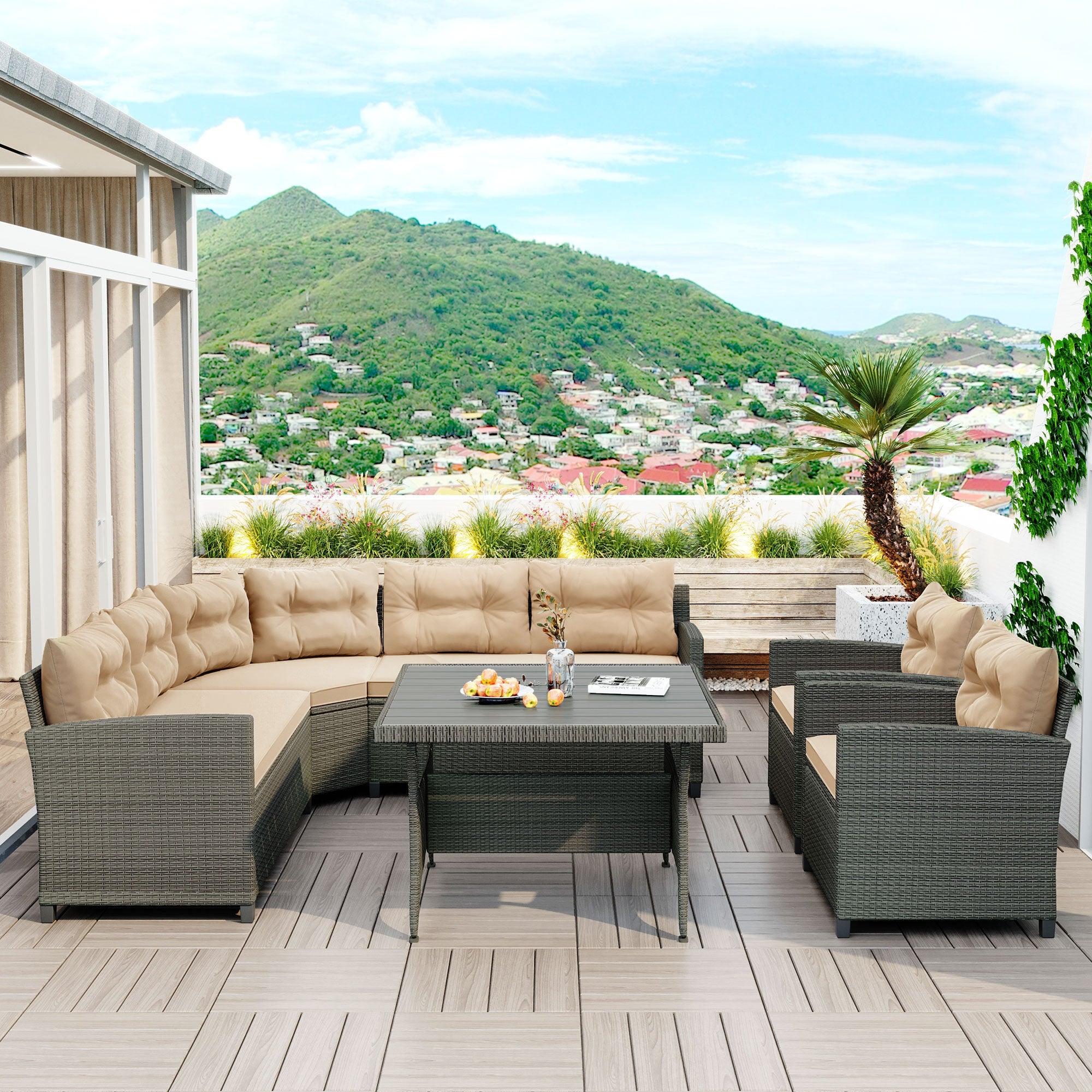 6-Piece Outdoor Wicker Sofa Set, Patio Rattan Dinning Set, Sectional Sofa with Thick Cushions and Pillows, Plywood Table Top, For Garden, Yard, Deck. (Gray Wicker, Beige Cushion)