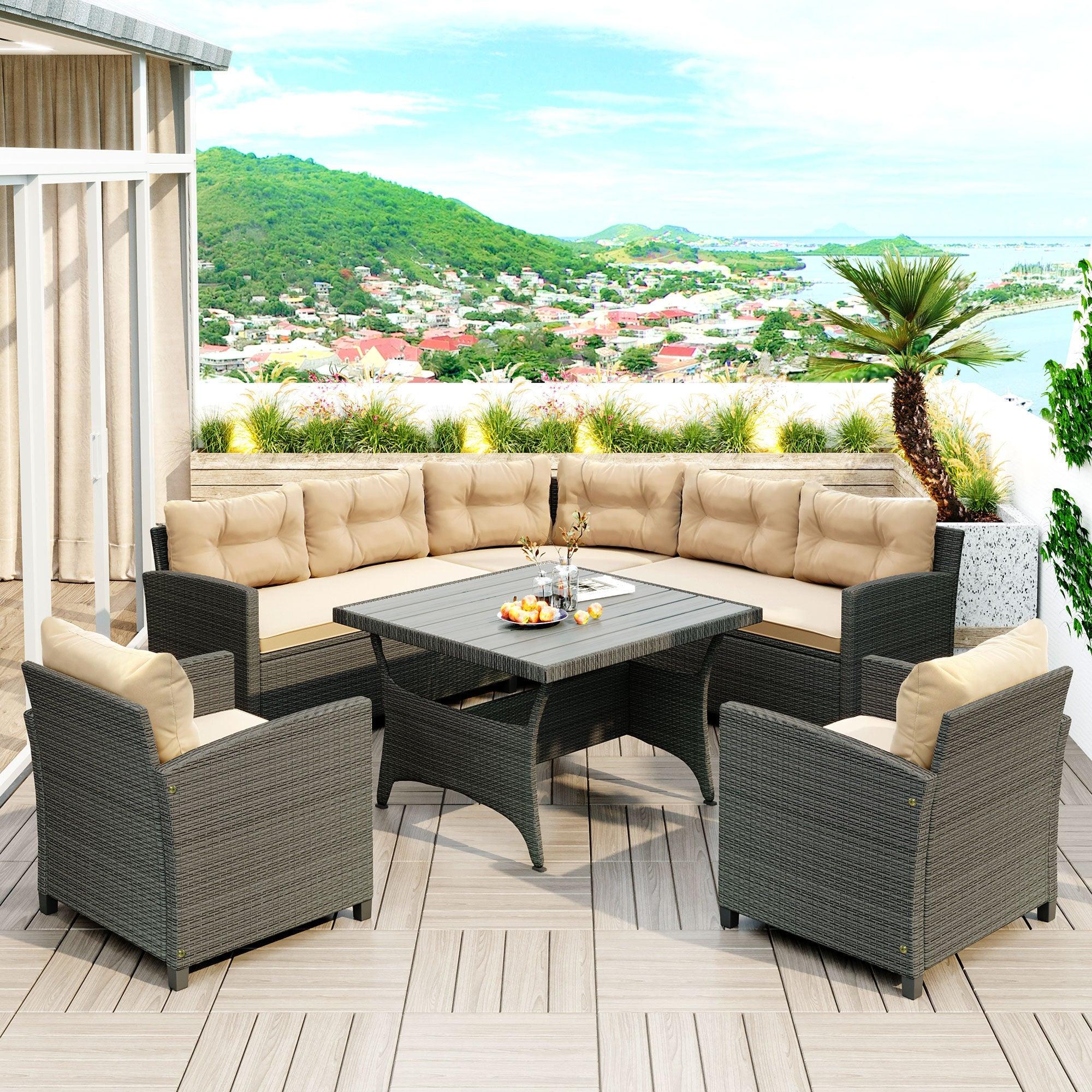 6-Piece Outdoor Wicker Sofa Set, Patio Rattan Dinning Set, Sectional Sofa with Thick Cushions and Pillows, Plywood Table Top, For Garden, Yard, Deck. (Gray Wicker, Beige Cushion)