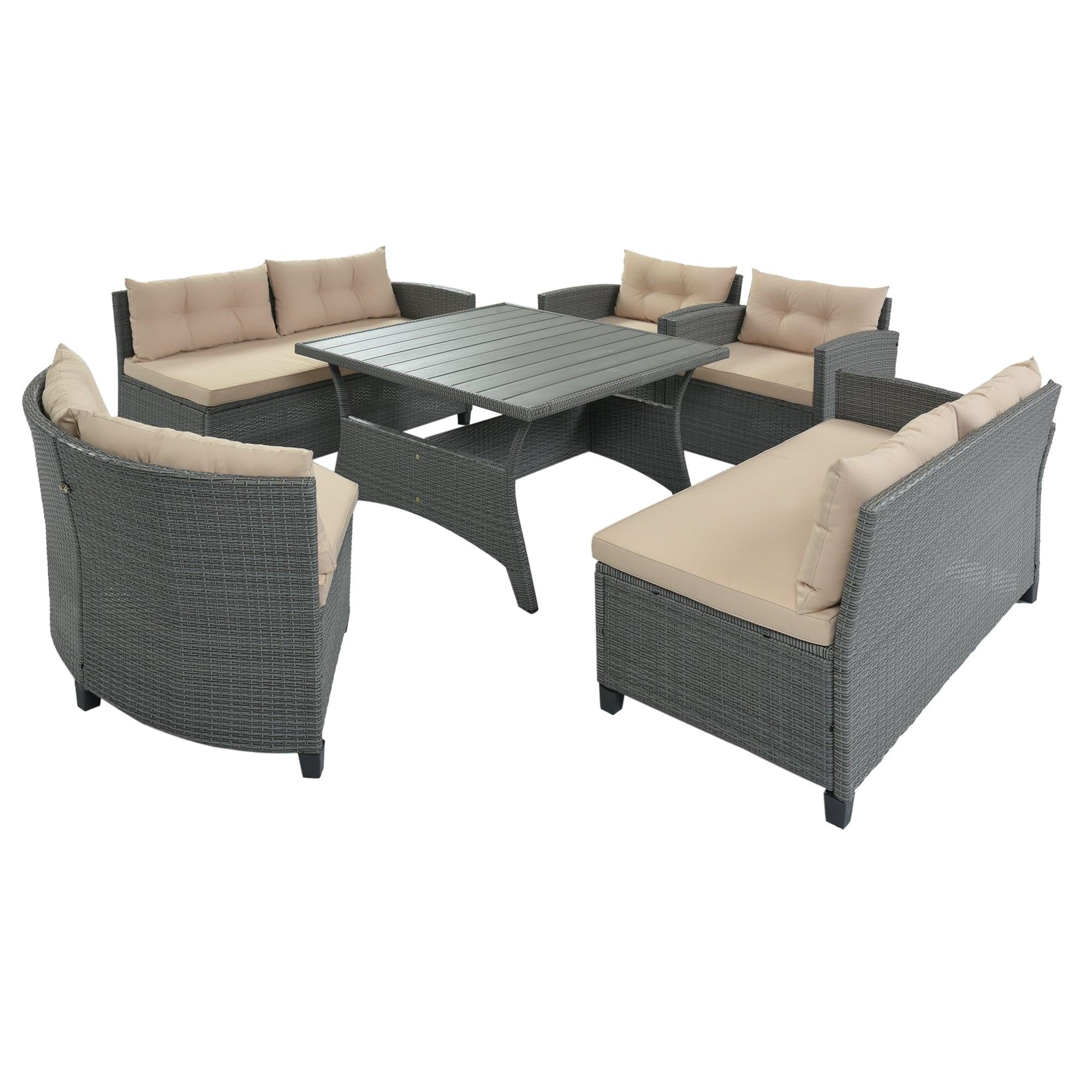 6-Piece Outdoor Wicker Sofa Set, Patio Rattan Dinning Set, Sectional Sofa with Thick Cushions and Pillows, Plywood Table Top, For Garden, Yard, Deck. (Gray Wicker, Beige Cushion)