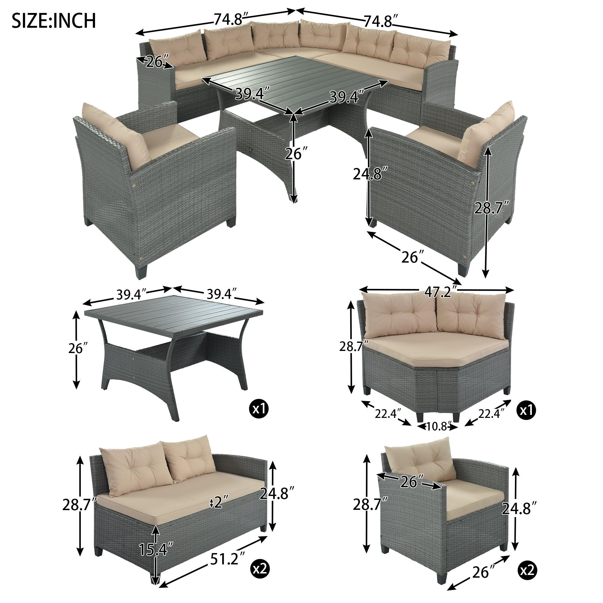 6-Piece Outdoor Wicker Sofa Set, Patio Rattan Dinning Set, Sectional Sofa with Thick Cushions and Pillows, Plywood Table Top, For Garden, Yard, Deck. (Gray Wicker, Beige Cushion)