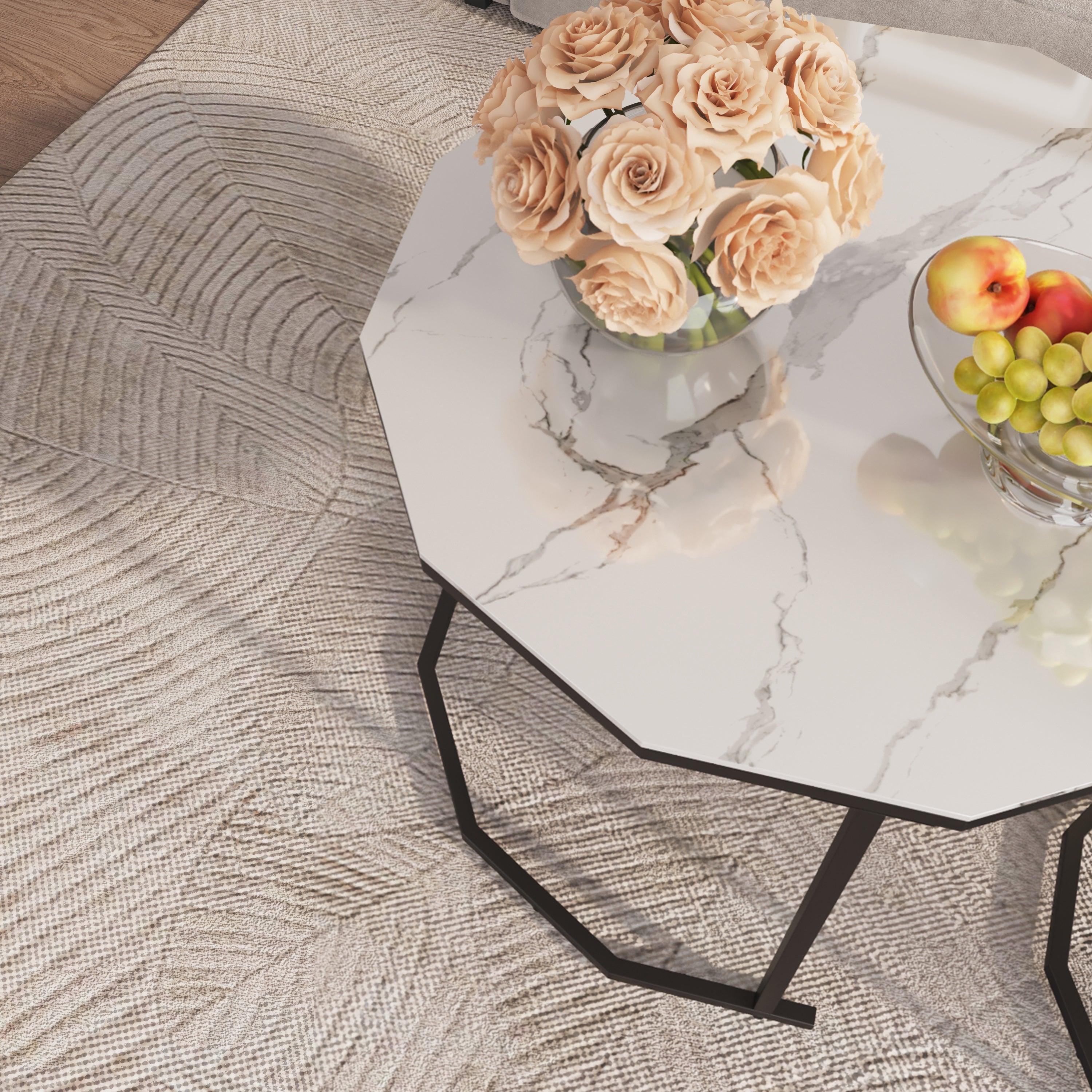 Marble Coffee Table End table 12-n Shape, 25.6 " White Artificial Marble Top and Black Metal Legs can be used in living room, outdoor, anti-tip.(white+black,25.6"W x 25.6"D x 18.4"H)