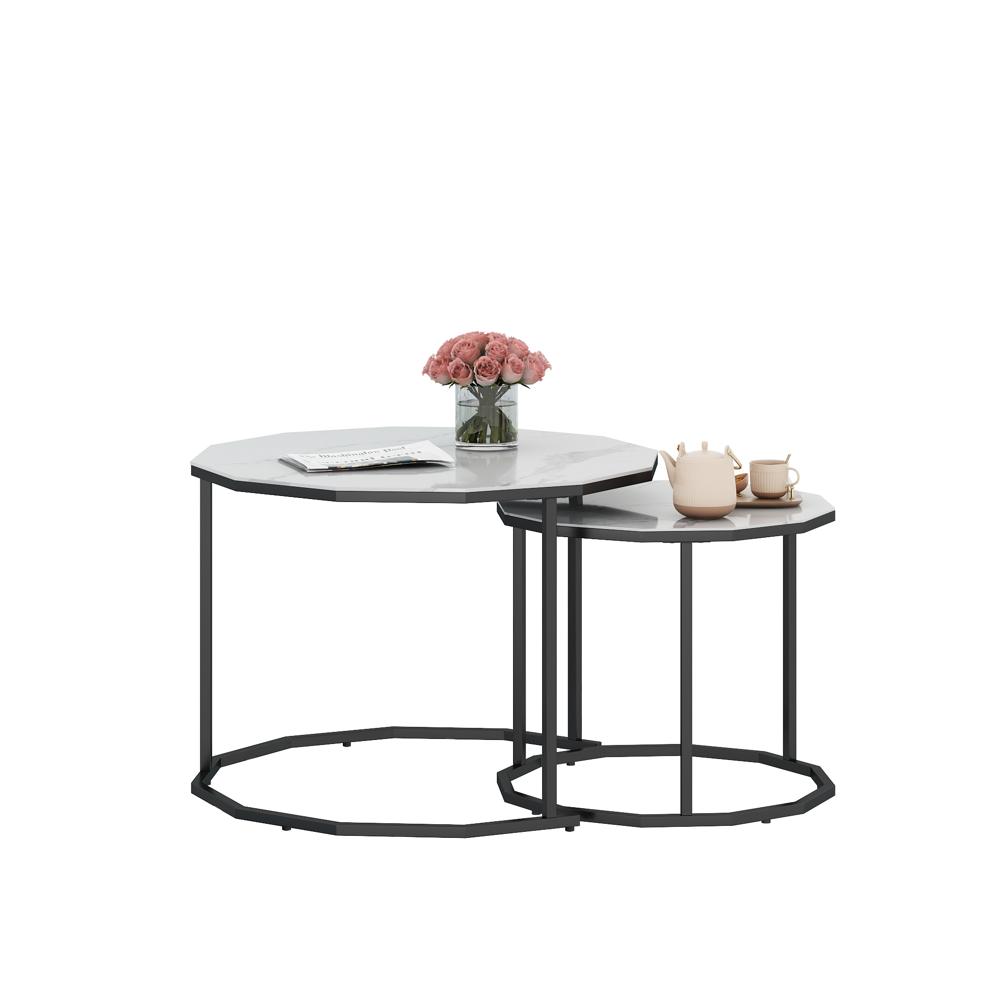 Marble Coffee Table End table 12-n Shape, 25.6 " White Artificial Marble Top and Black Metal Legs can be used in living room, outdoor, anti-tip.(white+black,25.6"W x 25.6"D x 18.4"H)