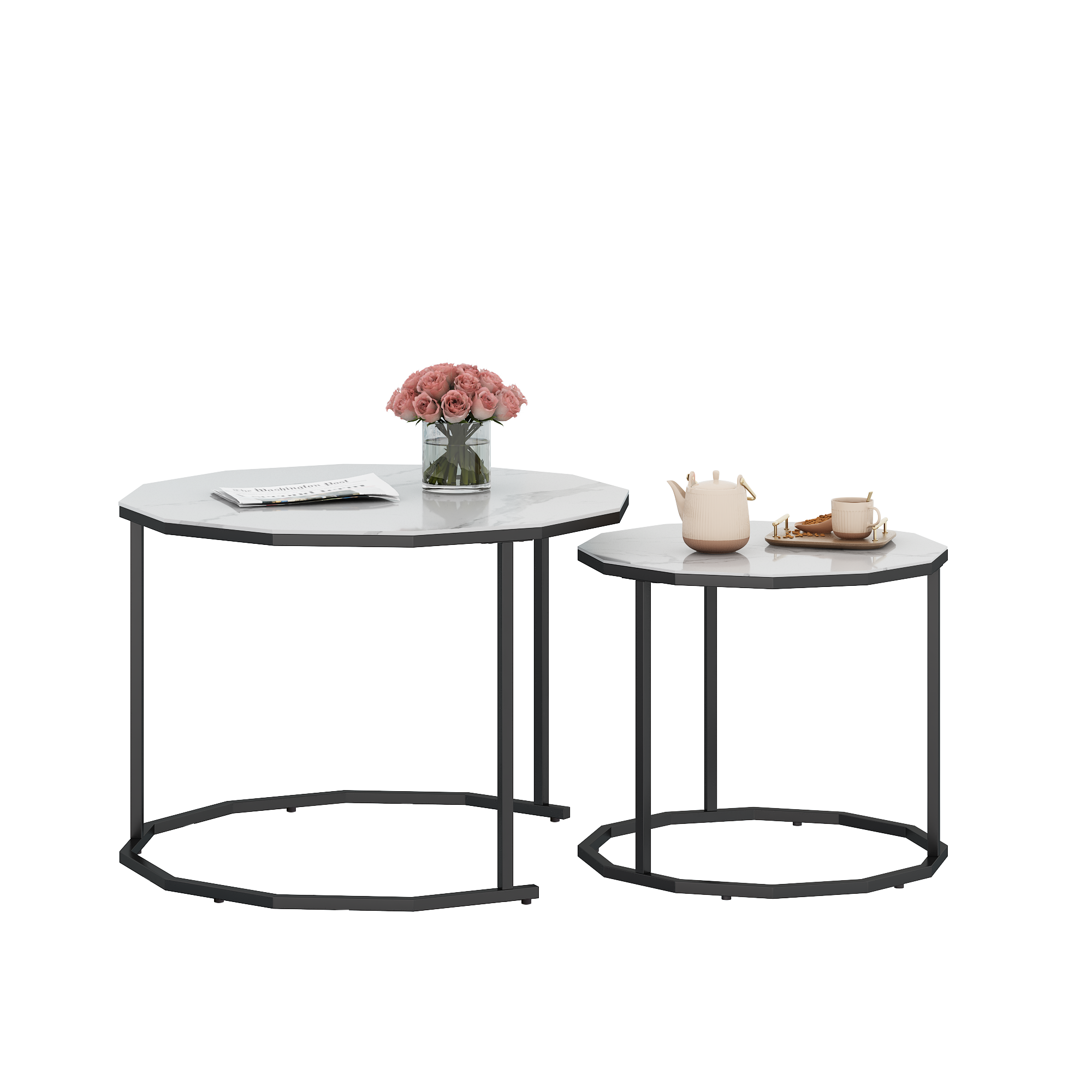 Marble Coffee Table End table 12-n Shape, 25.6 " White Artificial Marble Top and Black Metal Legs can be used in living room, outdoor, anti-tip.(white+black,25.6"W x 25.6"D x 18.4"H)